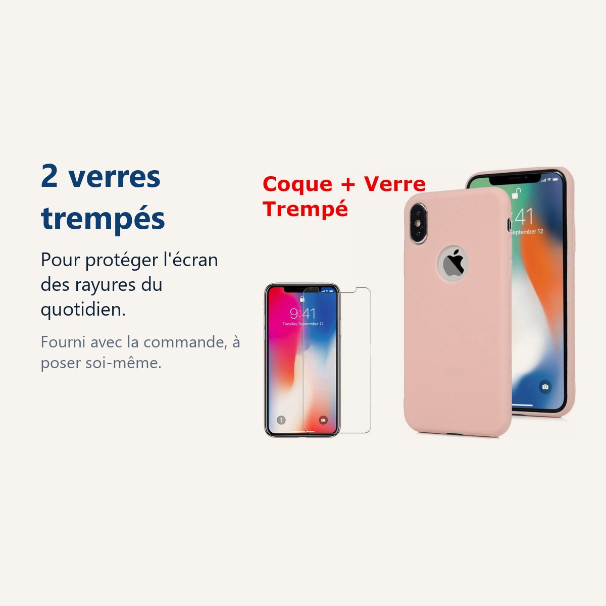 Verre trempé pour protéger lécran – Coque Silicone pour iPhone X / Xs Rose Antichoc + 2 Verres Trempes