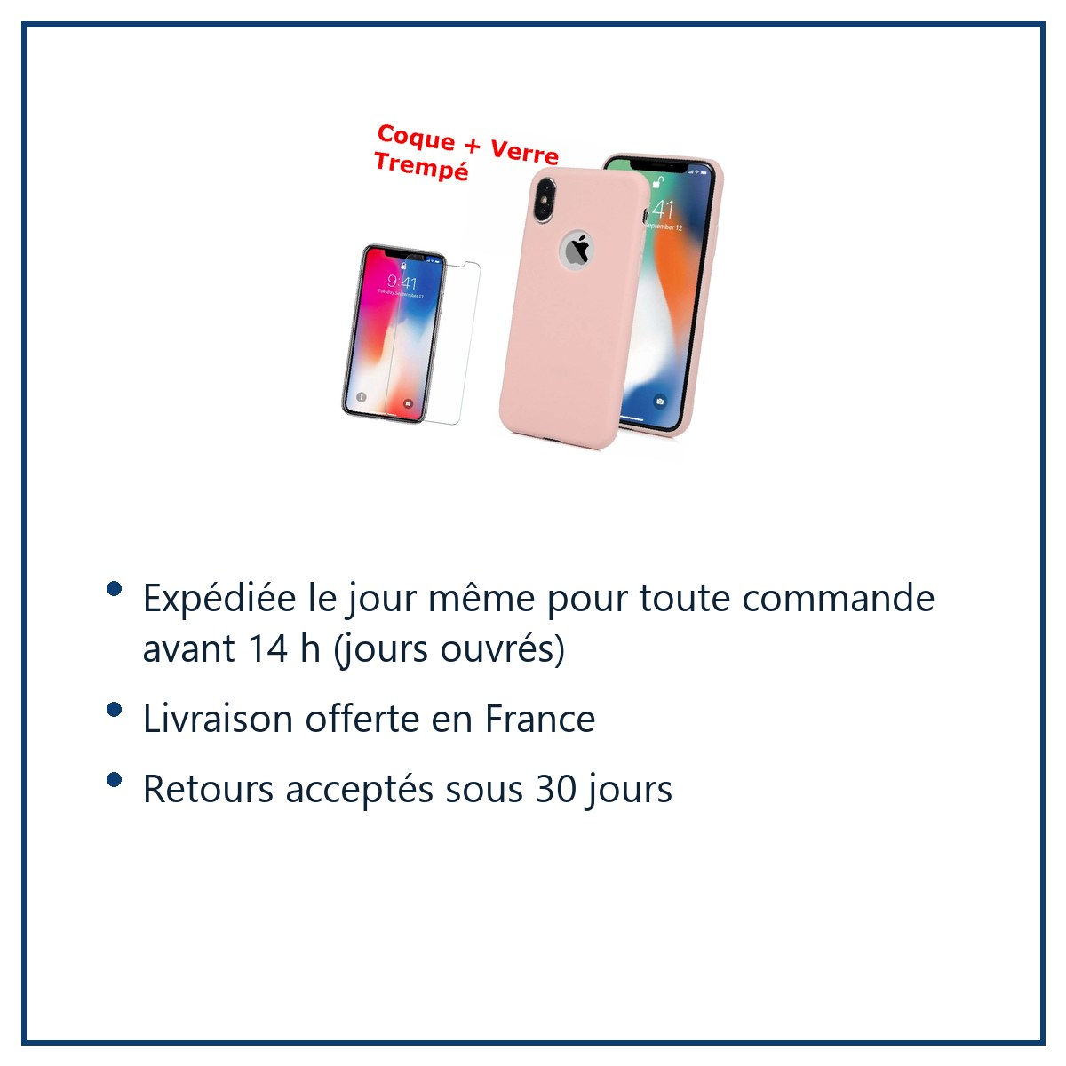 Expédition le jour même, livraison offerte, retours sous 30 jours – Coque Silicone pour iPhone X / Xs Rose Antichoc + 2 Verre