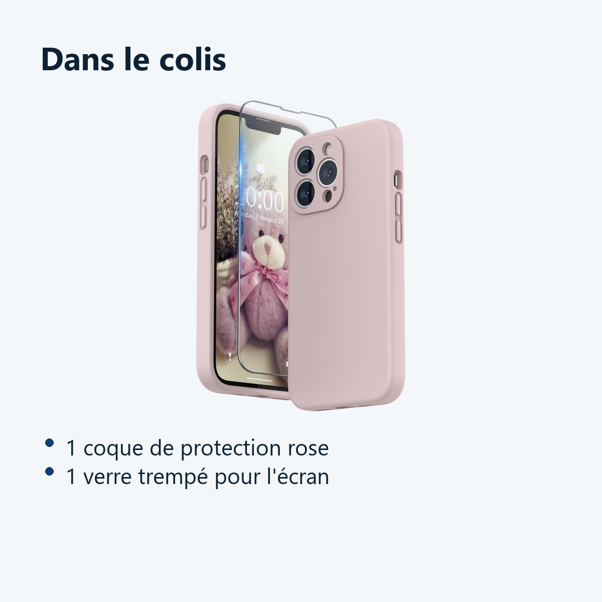 Contenu du colis – Coque Rose pour iPhone 13 Pro Max (6,7 pouces) et Verre Trempé Film Protection Ecran