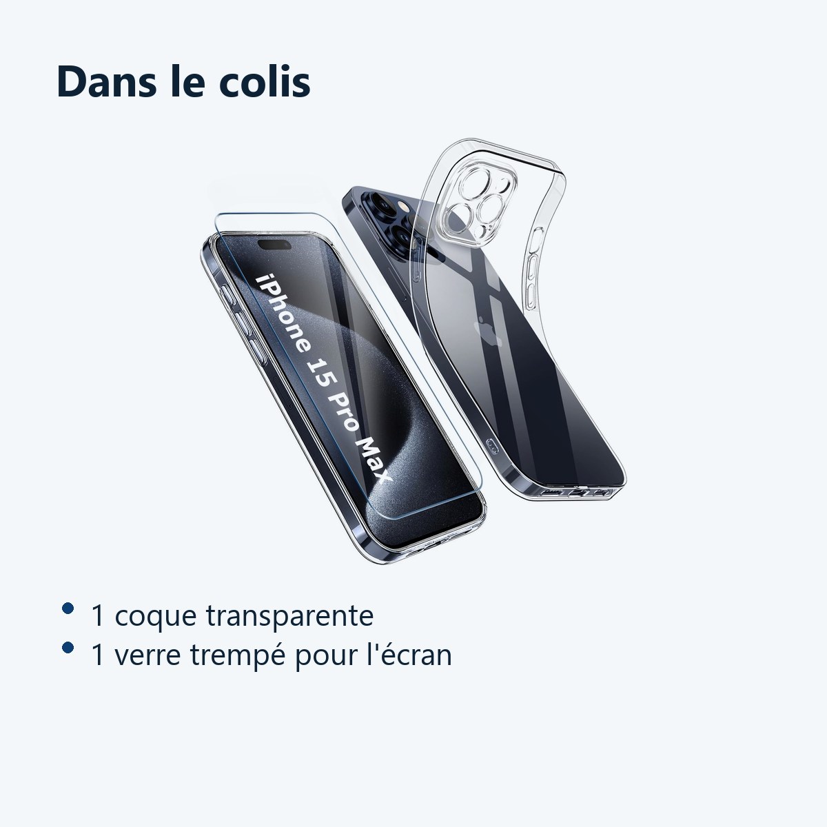Contenu du colis – Coque Silicone Transparente + Verre Trempe Pour iPhone 15 Pro Max / Ultra