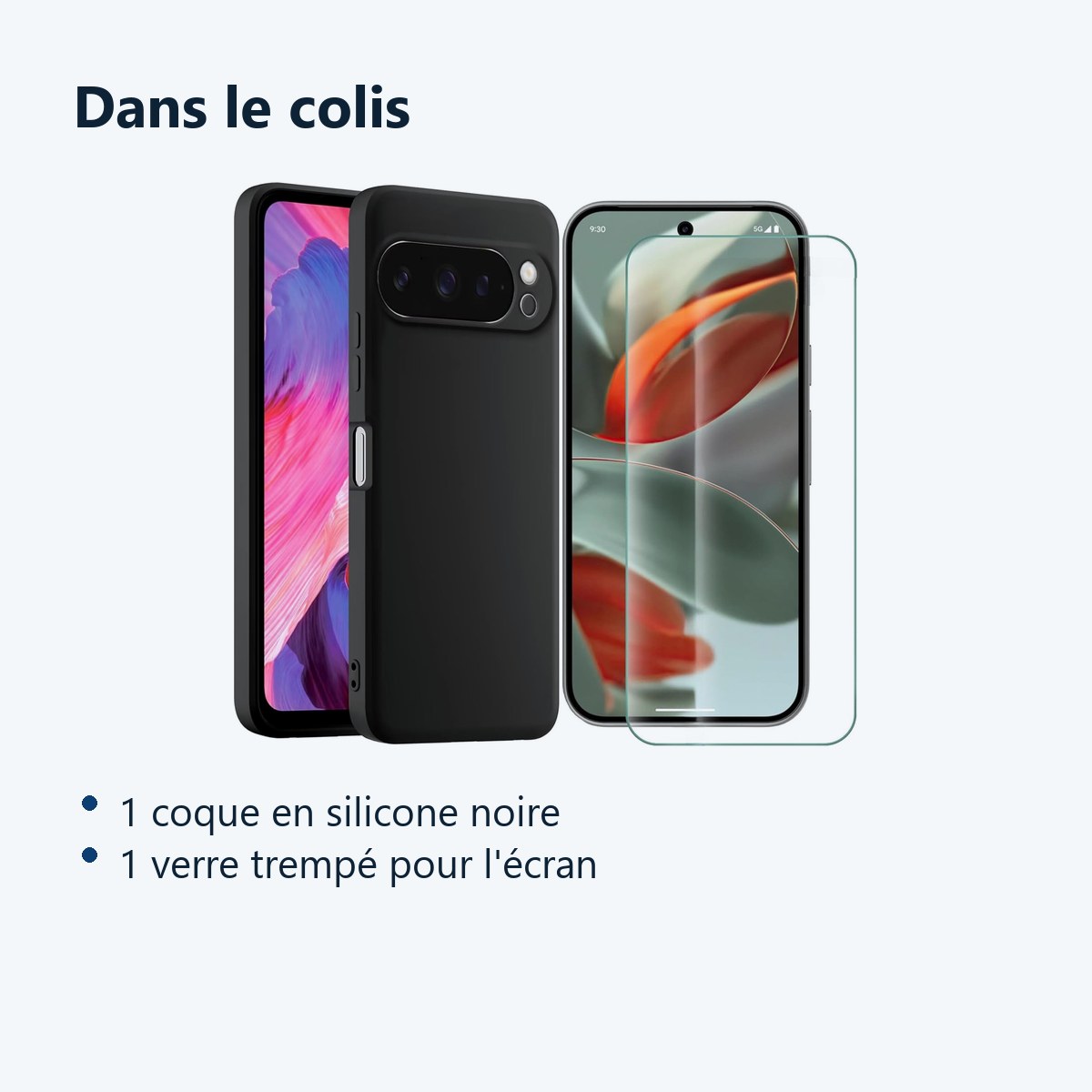 Contenu du colis – Coque Silicone Noir + Verre Trempe Pour Google Pixel 9 Pro