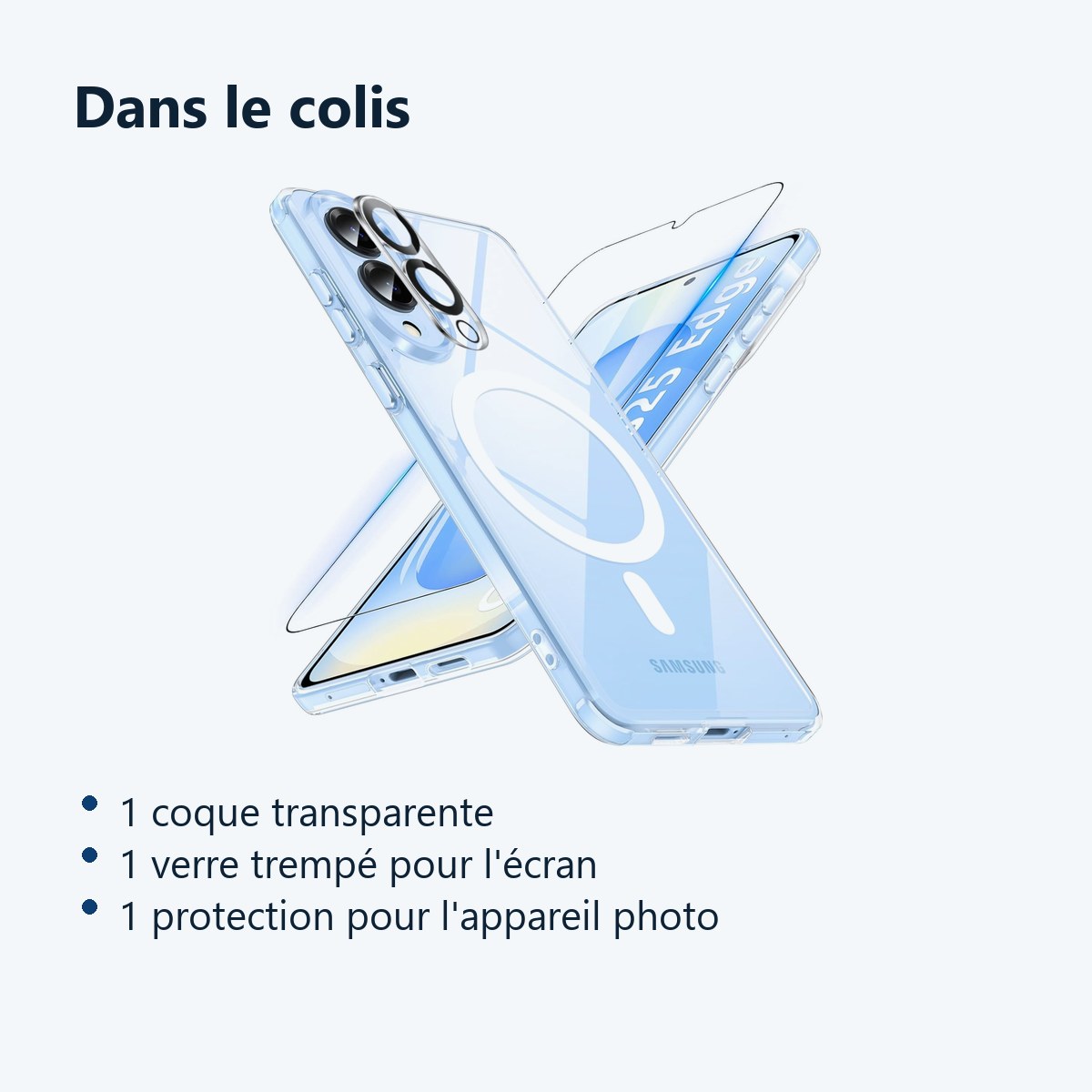 Contenu du colis – Coque Silicone Transparente Compatible Magsafe + Verre Trempes et Protection Camera Arriere Pour Samsung G