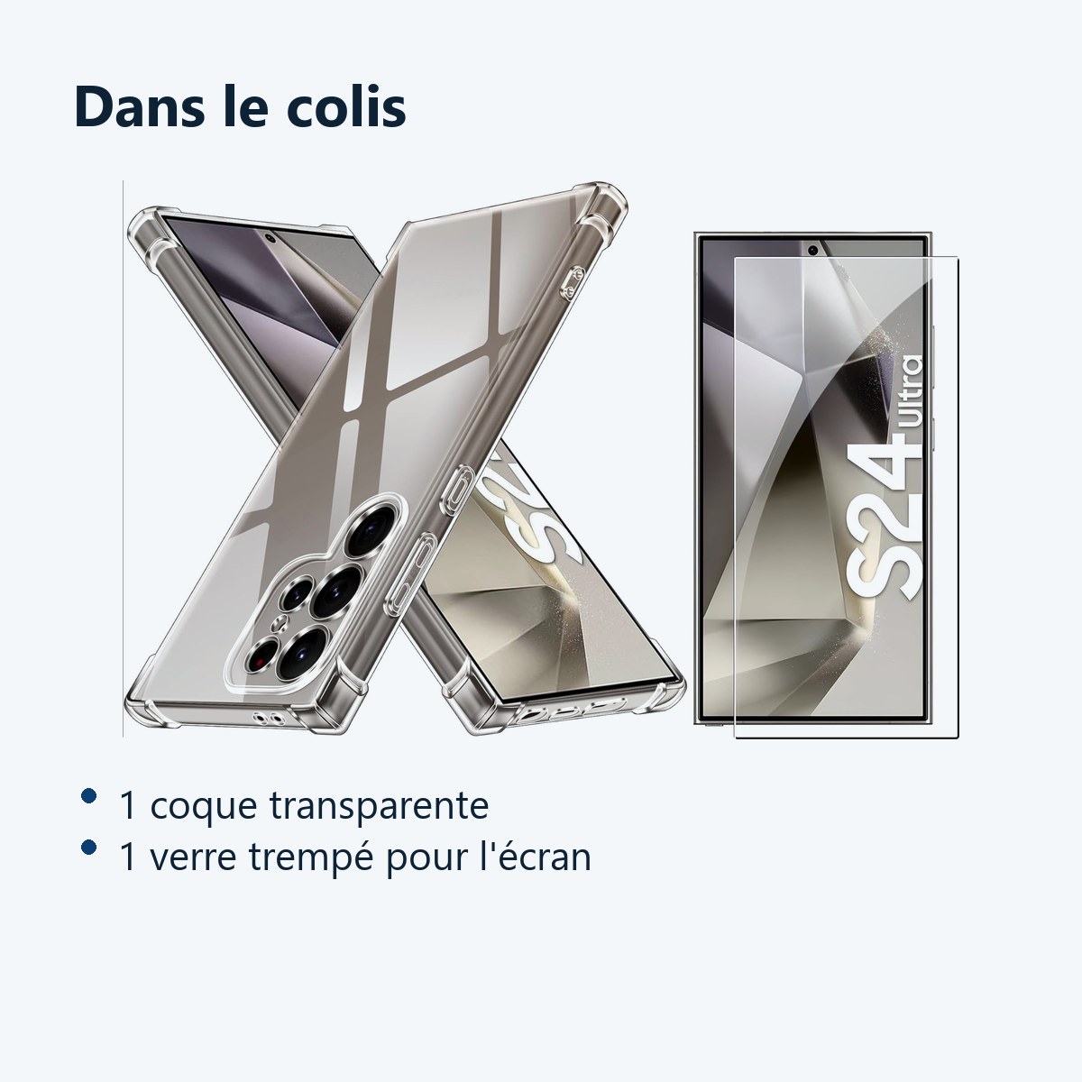 Contenu du colis – Coque Pour Samsung Galaxy S24 Ultra Silicone Transparente Angles Renforces + Verre Trempe