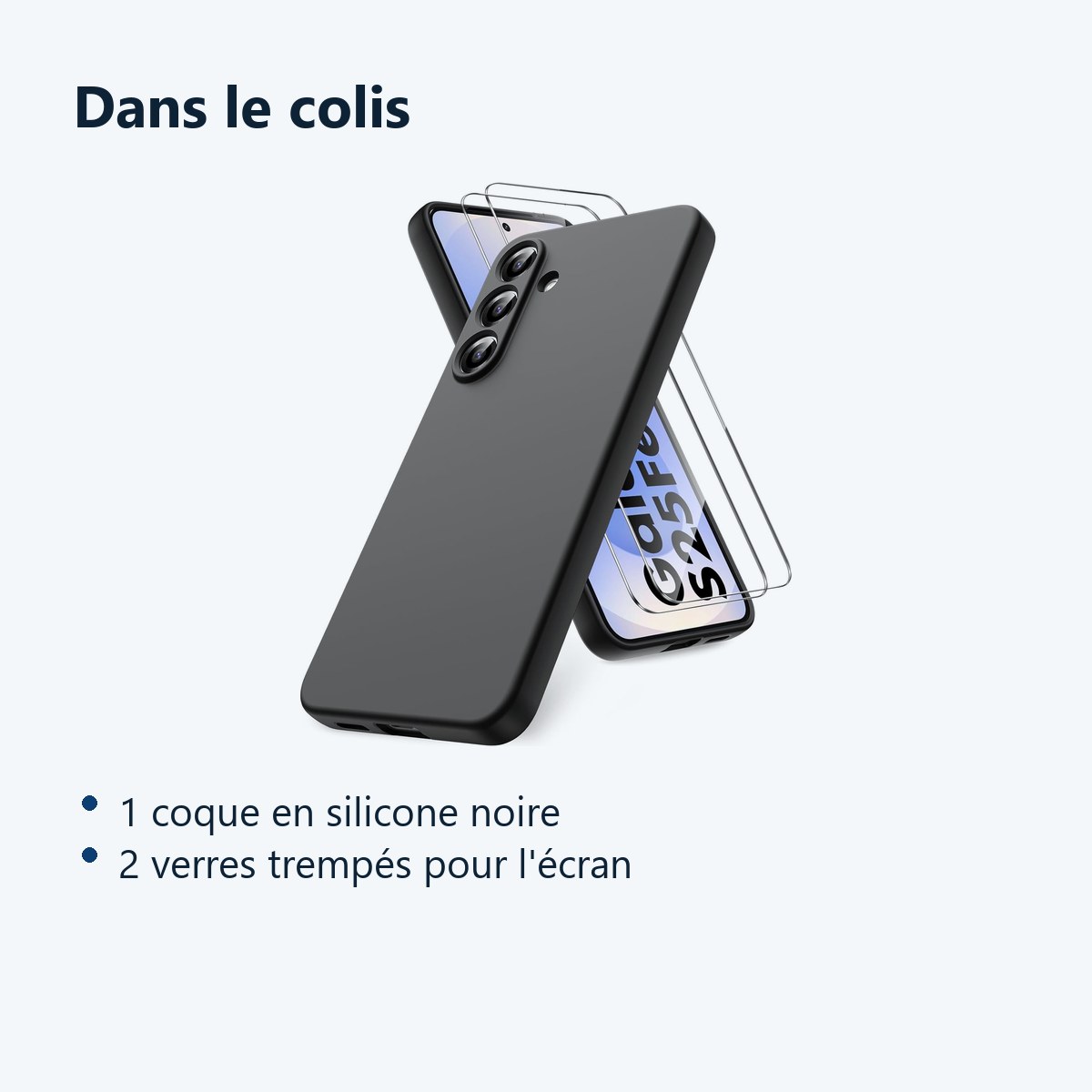 Contenu du colis – Coque Pour Samsung Galaxy S25 FE Silicone Noir + 2 Verres Trempes