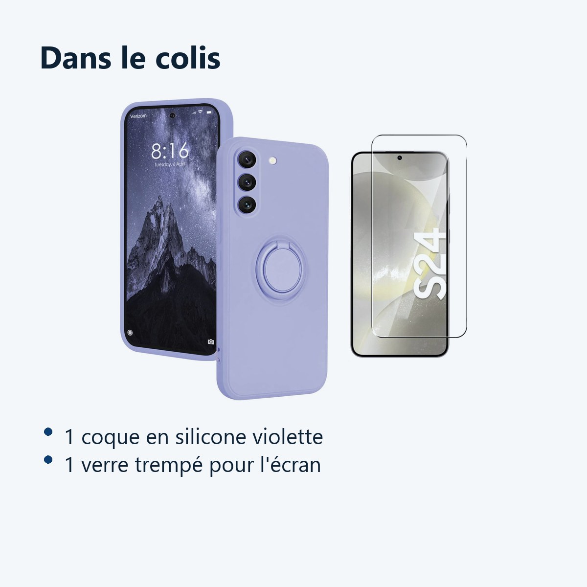 Contenu du colis – Coque Silicone Pour Samsung Galaxy S24 Couleur Violet Avec Anneau Support + Verre Trempe Protection Ecran