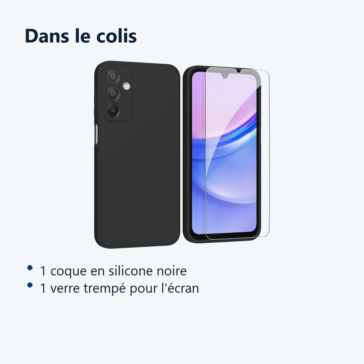 Contenu du colis – Coque Pour Samsung Galaxy A15 Silicone Noir + Verre Trempe