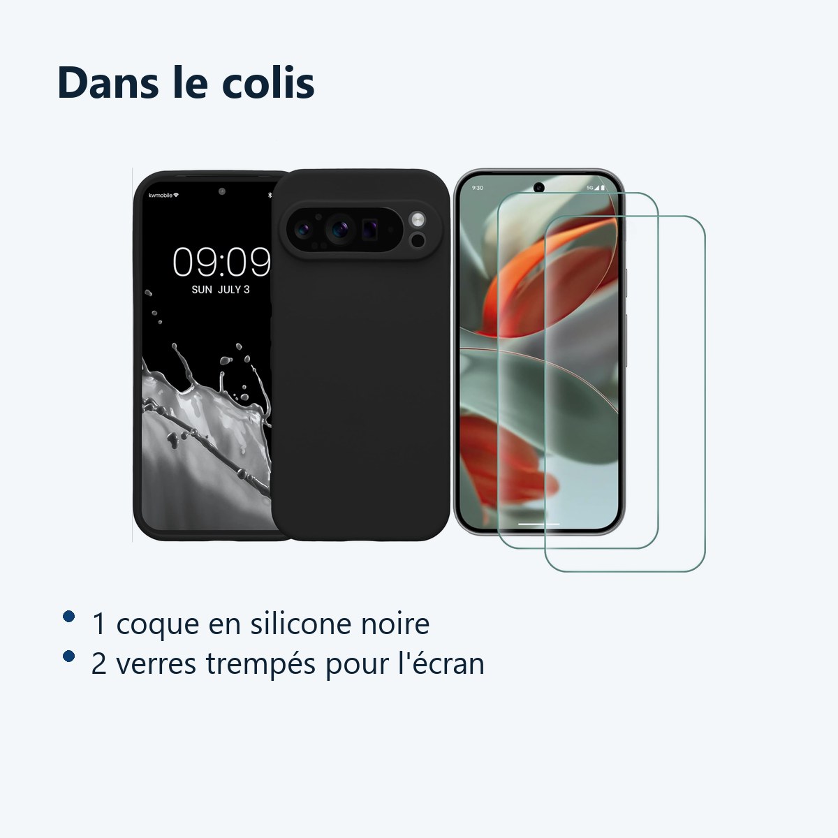 Contenu du colis – Coque Silicone Noir + 2 Verres Trempes Pour Google Pixel 9 Pro