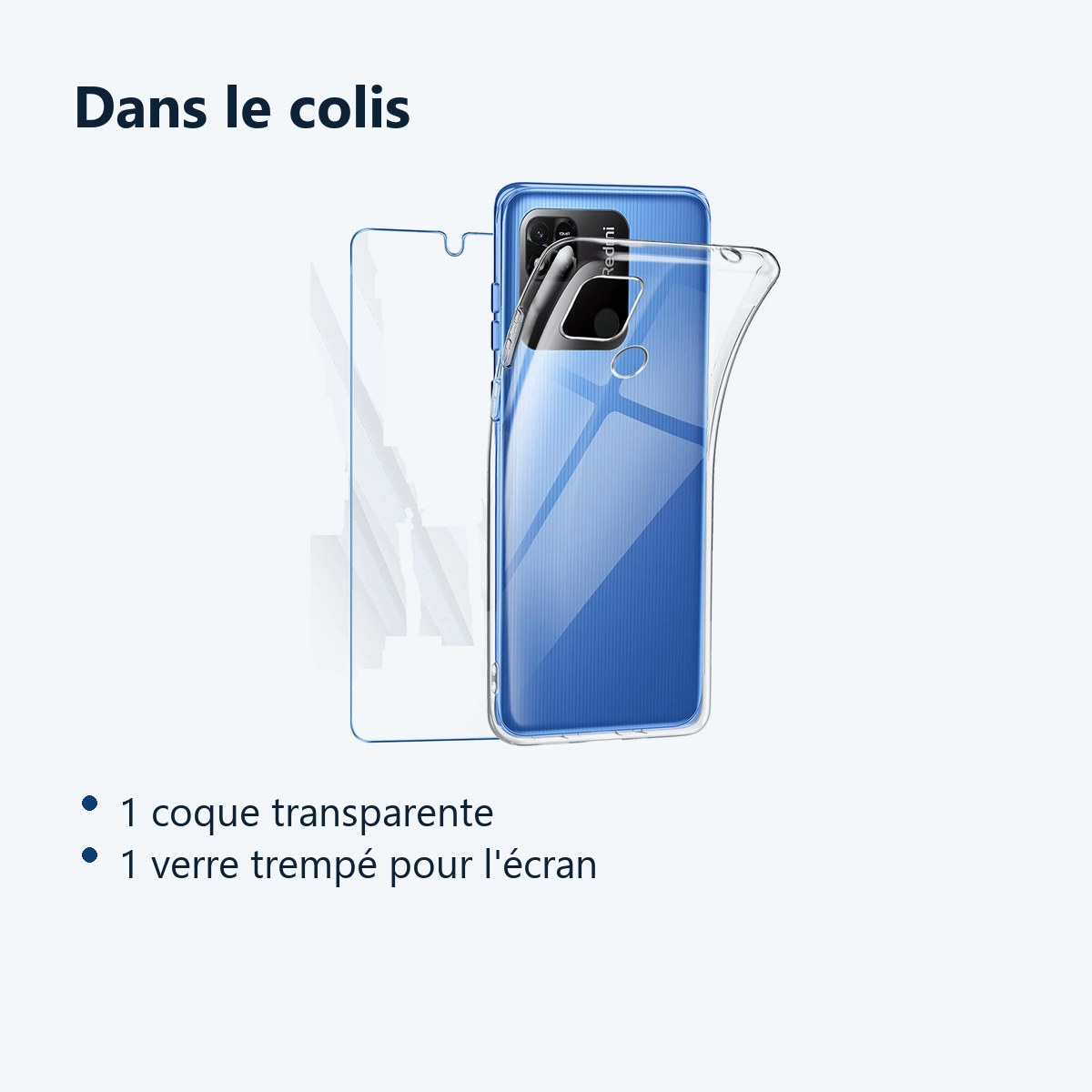 Contenu du colis – Coque Pour Xiaomi Redmi 10A Silicone Transparente + Verre Trempe