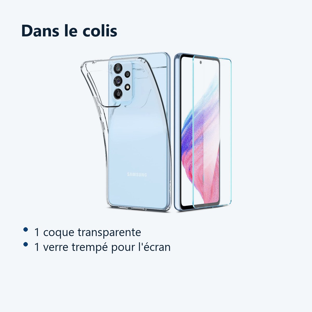 Contenu du colis – Coque Silicone Transparente + Verre Trempe Pour Samsung A53 5G