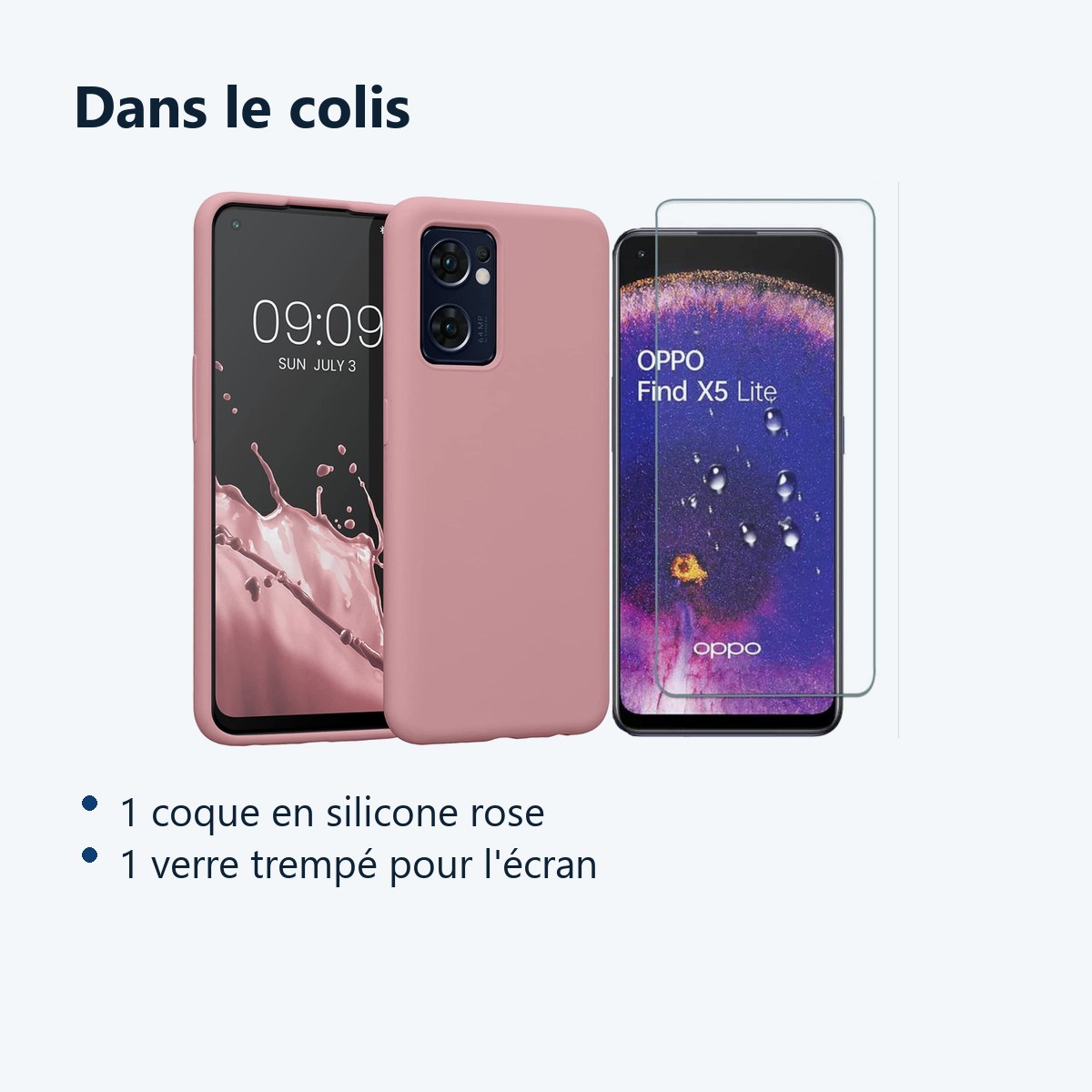 Contenu du colis – Coque Silicone Rose + Verre Trempe Pour Oppo Find X5 Lite