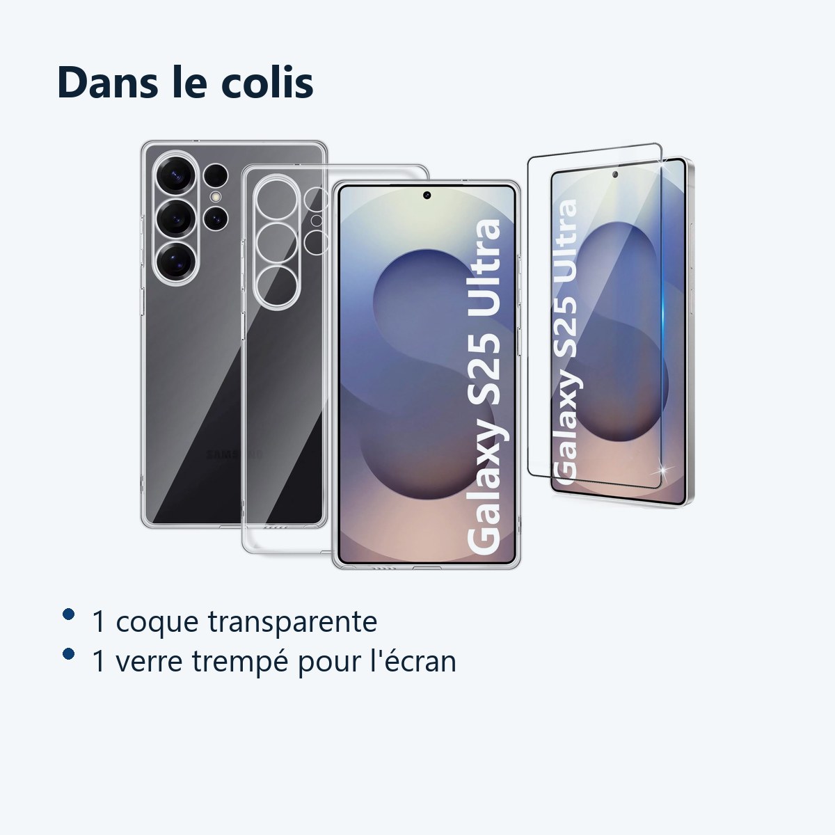 Contenu du colis – Coque Silicone Transparente + Verre Trempe Pour Samsung Galaxy S25 Ultra