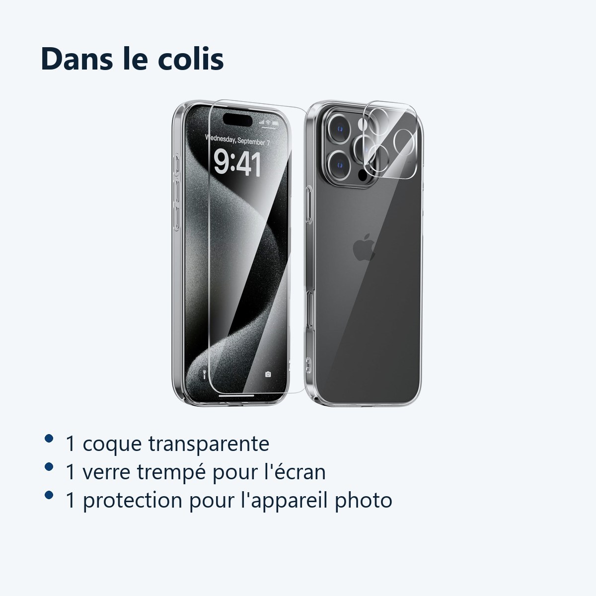 Contenu du colis – Coque Silicone Transparente + Verre Trempe et Protection Camera Arriere Pour iPhone 16 Pro Max