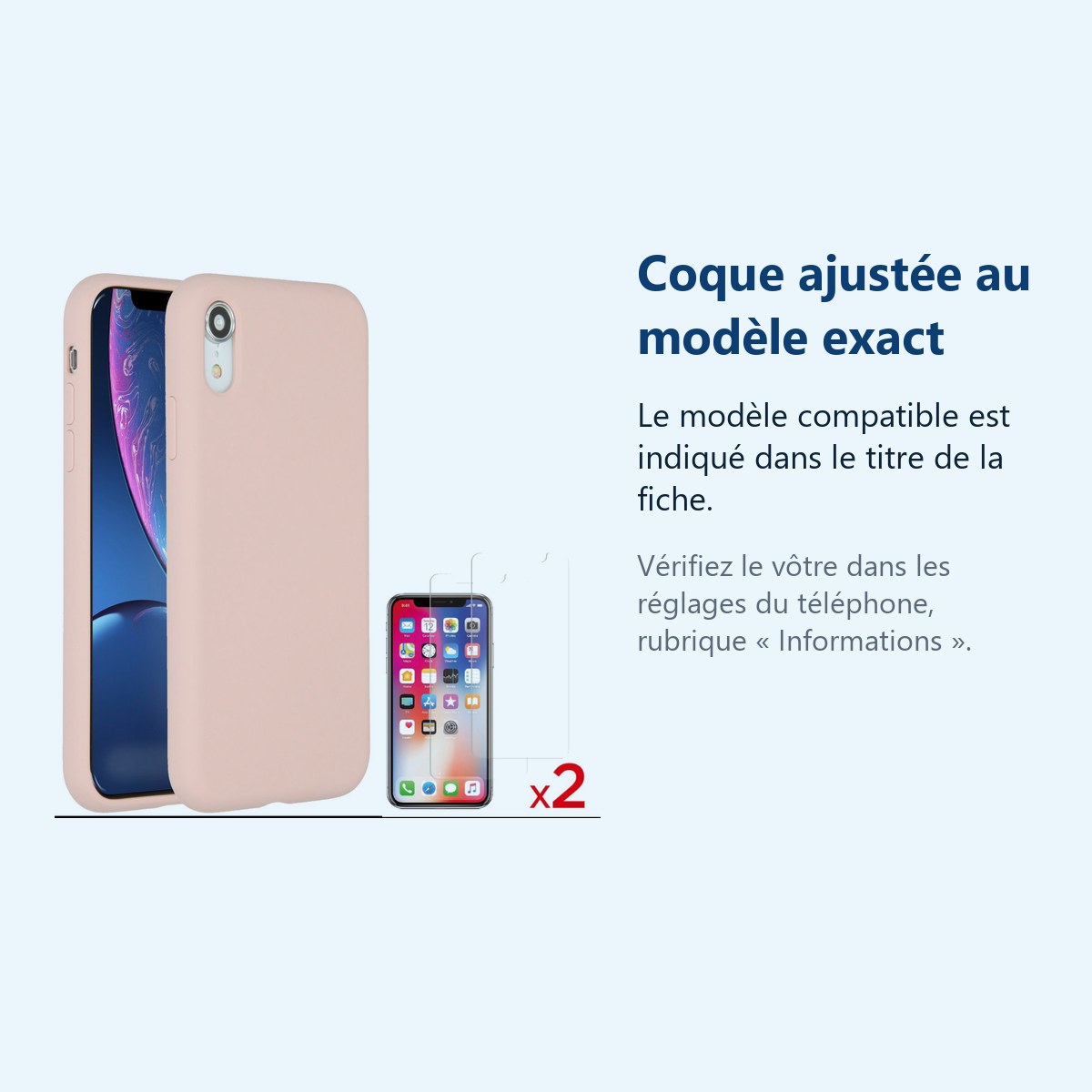 Accessoire ajusté au modèle exact – Coque Silicone pour iPhone Xr Rose Antichoc + 2 Verres Trempes