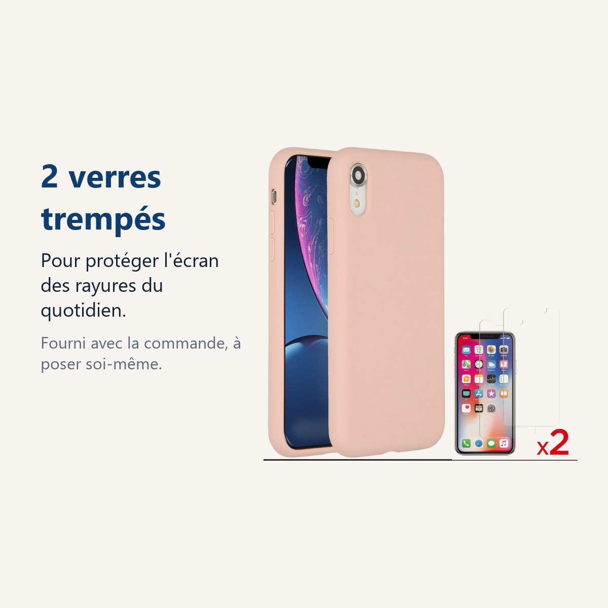 Verre trempé pour protéger lécran – Coque Silicone pour iPhone Xr Rose Antichoc + 2 Verres Trempes