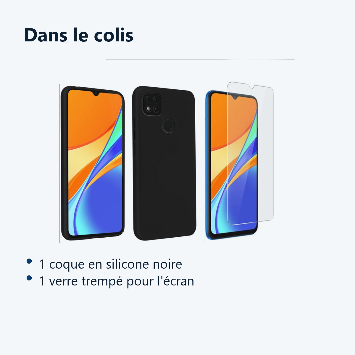 Contenu du colis – Coque Silicone Couleur Noir + Verre Trempe Pour Xiaomi Redmi 9C / 9C NFC