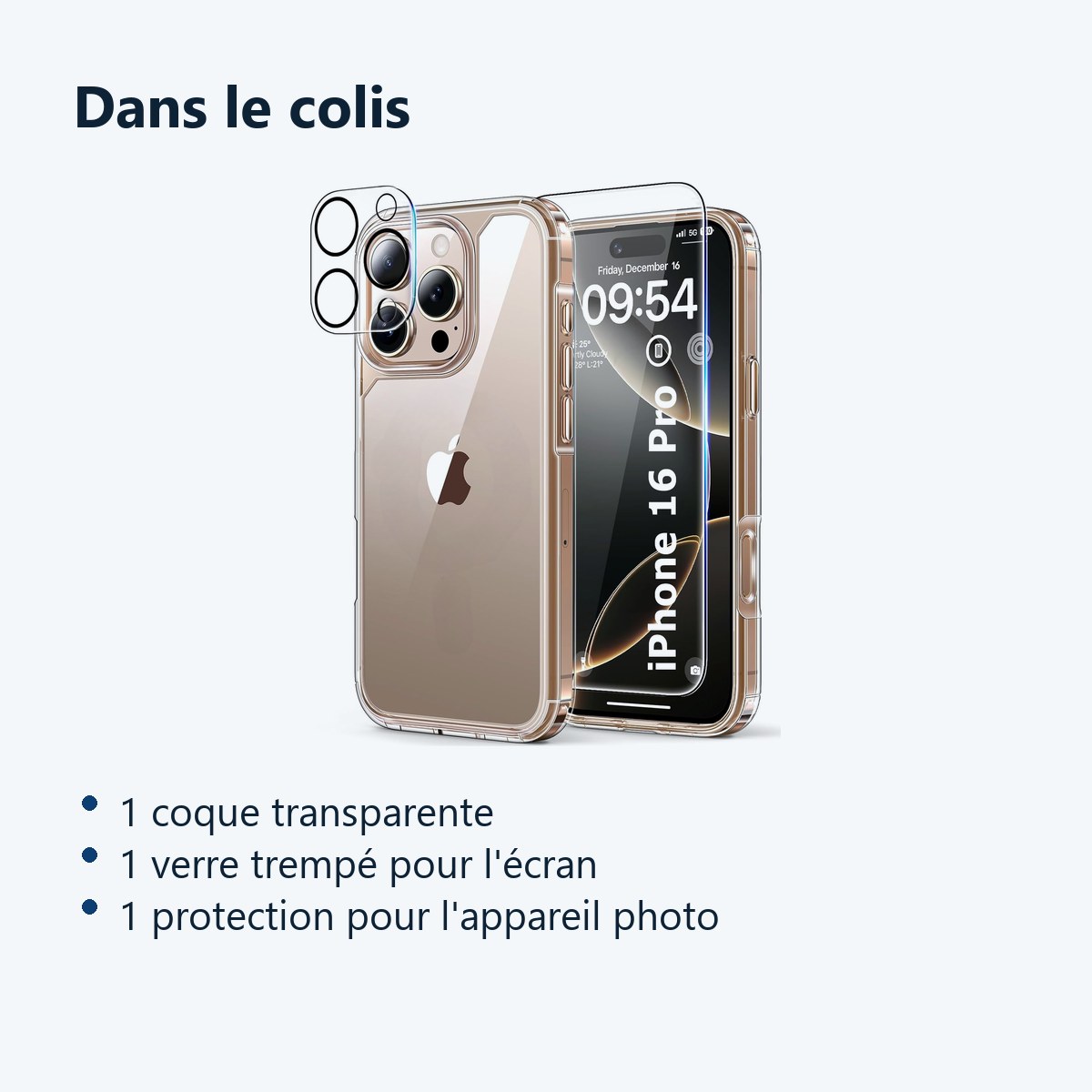 Contenu du colis – Coque Silicone Transparente + Verre Trempe et Protection Camera Arriere Pour iPhone 16 Pro