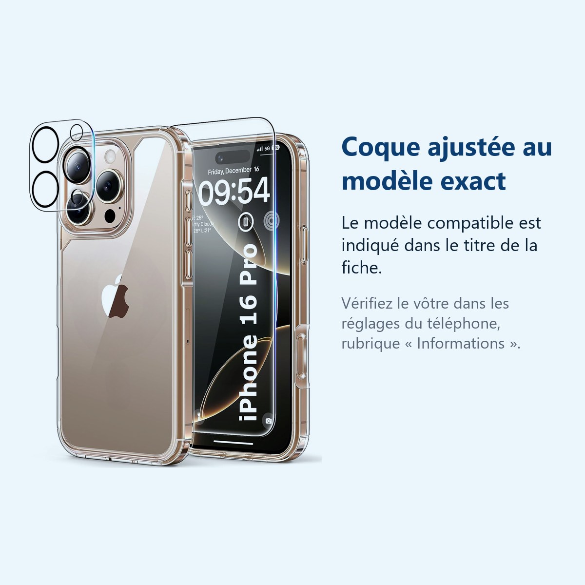 Accessoire ajusté au modèle exact – Coque Silicone Transparente + Verre Trempe et Protection Camera Arriere Pour iPhone 16 Pr