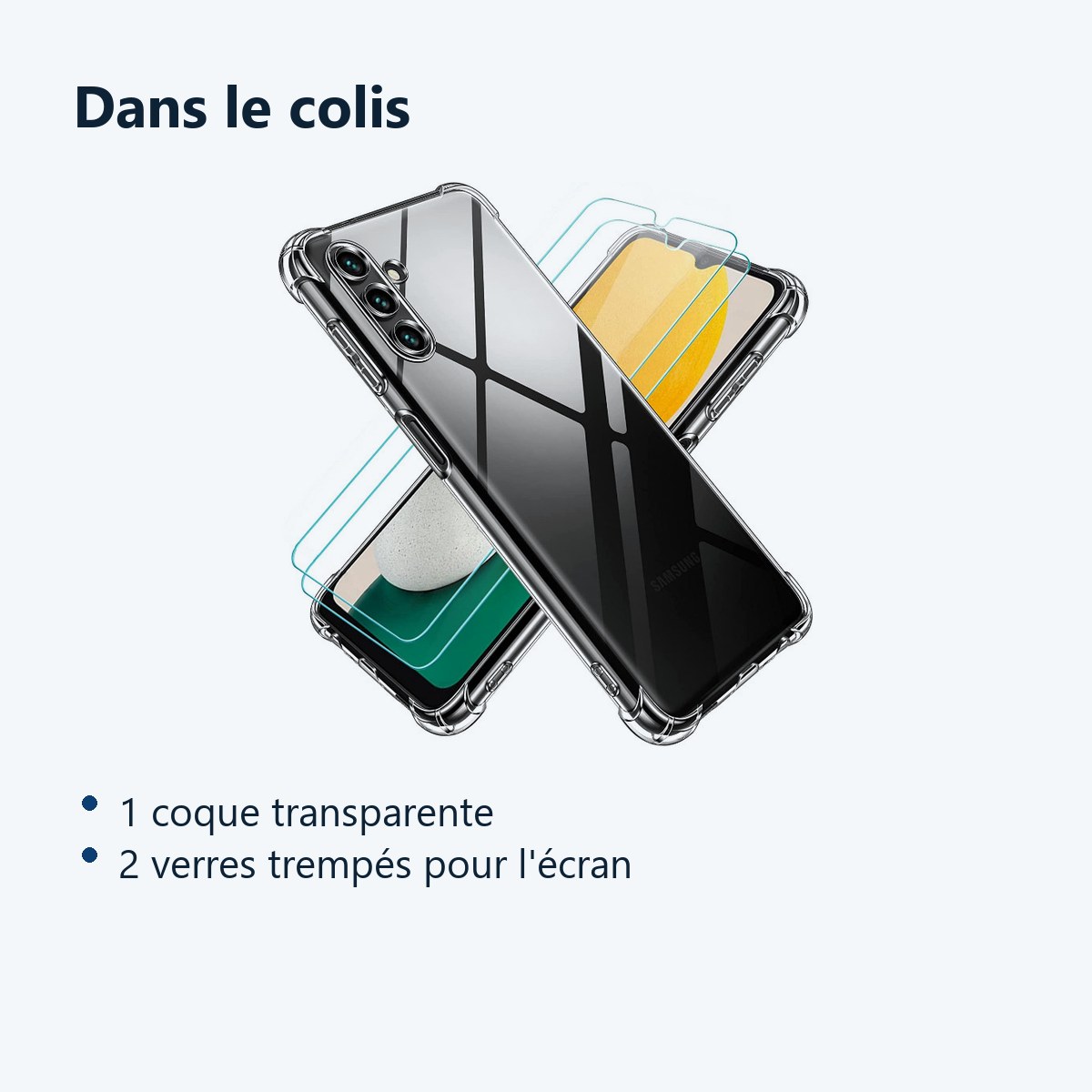 Contenu du colis – Coque Silicone Transparente Angles Renforces + 2 Verres Trempes Pour Samsung A13 5G