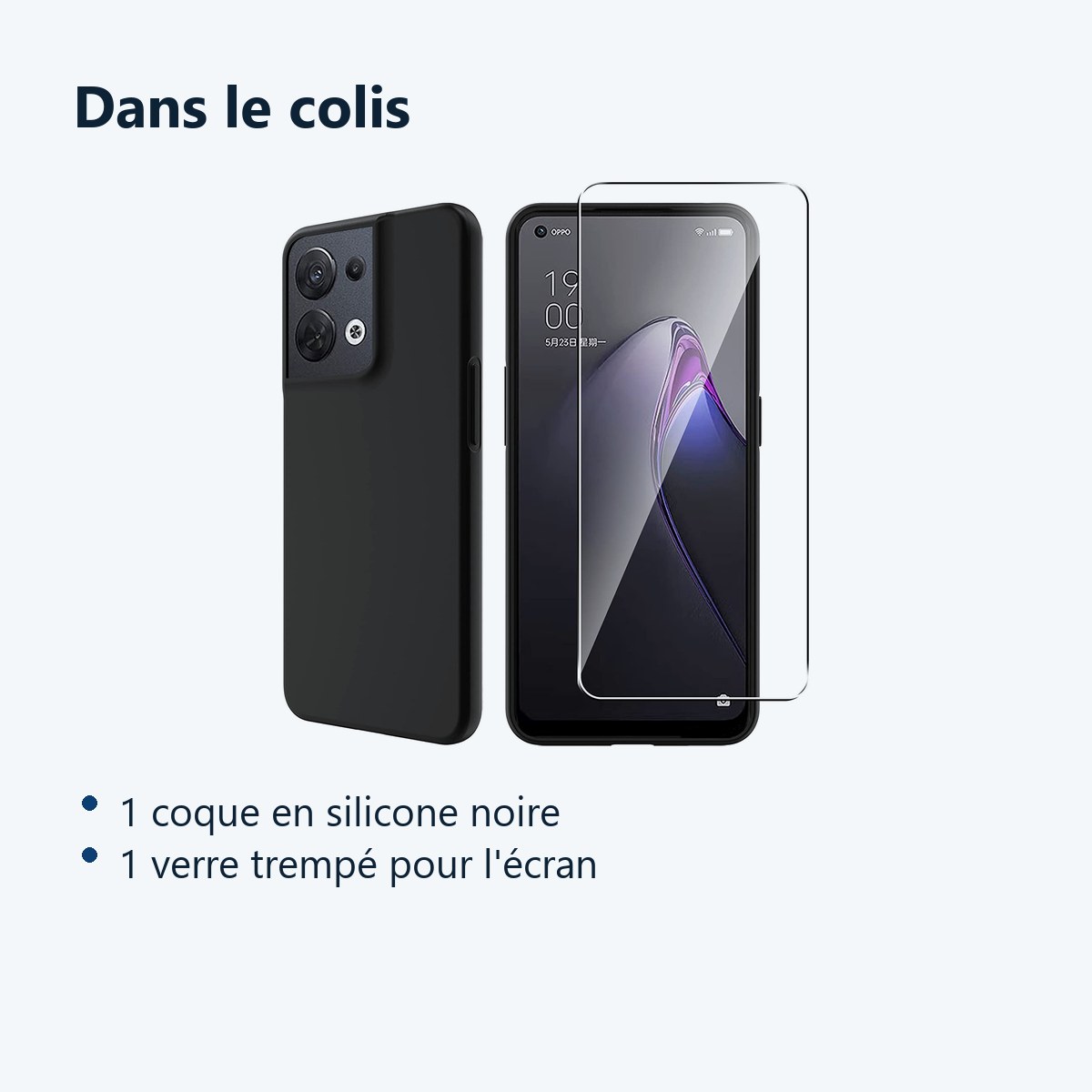 Contenu du colis – Coque Silicone Couleur Noire + Verre Trempe Pour Oppo Reno 8 5G