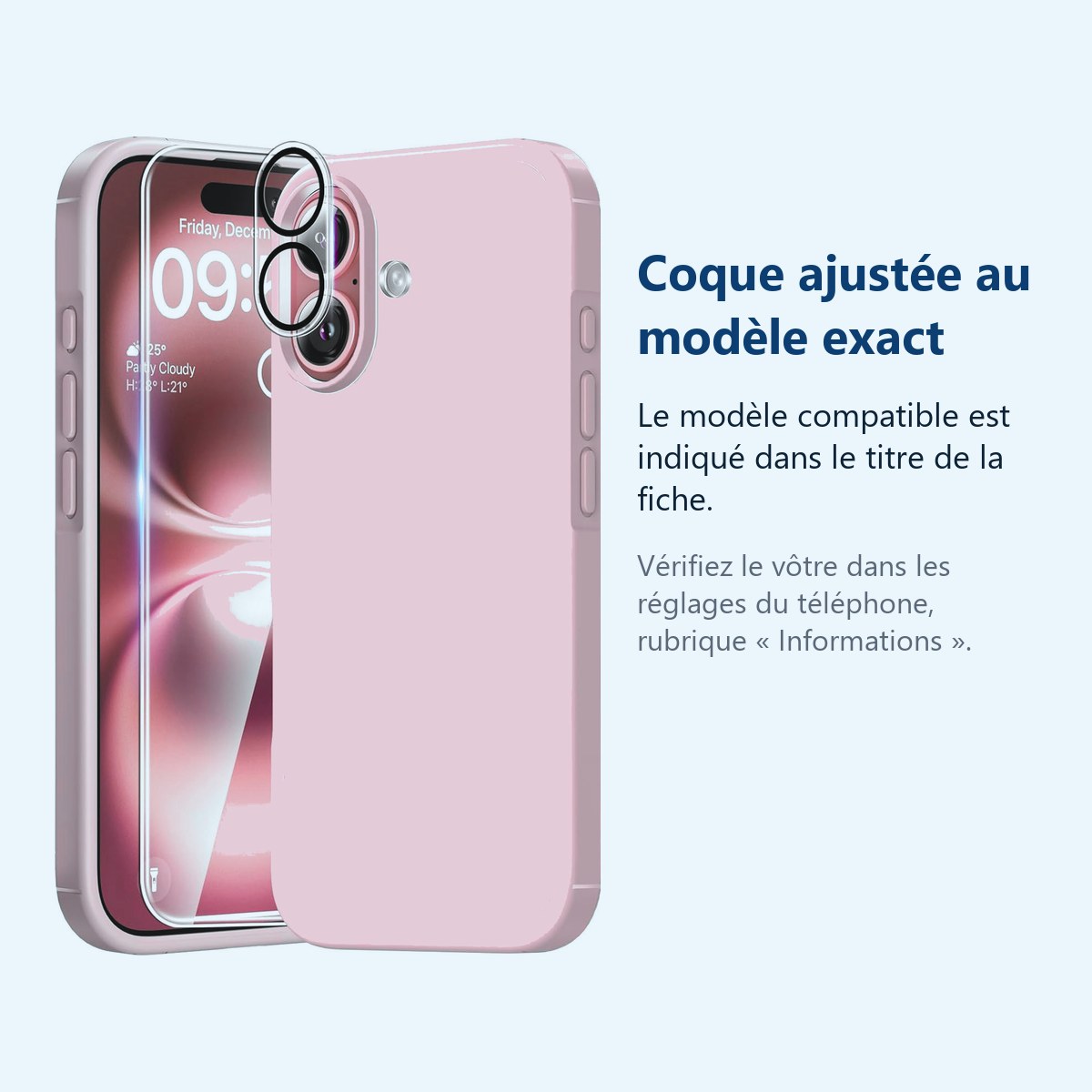 Accessoire ajusté au modèle exact – Coque Silicone Rose + Verre Trempe et Protection Camera Arriere Pour iPhone 16 Plus