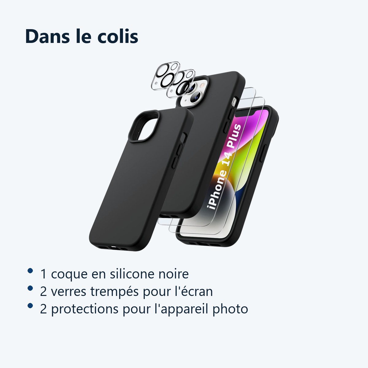 Contenu du colis – Coque Silicone Noir + Verres Trempes et Protections Camera Arriere X2 Pour iPhone 14 Plus