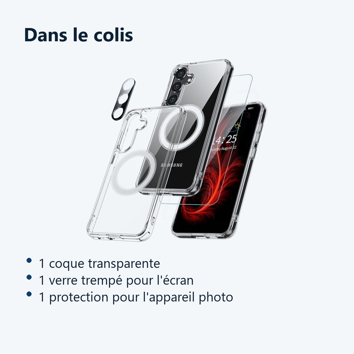Contenu du colis – Coque Silicone Transparente Compatible Magsafe + Verre Trempes et Protection Camera Arriere Pour Samsung G