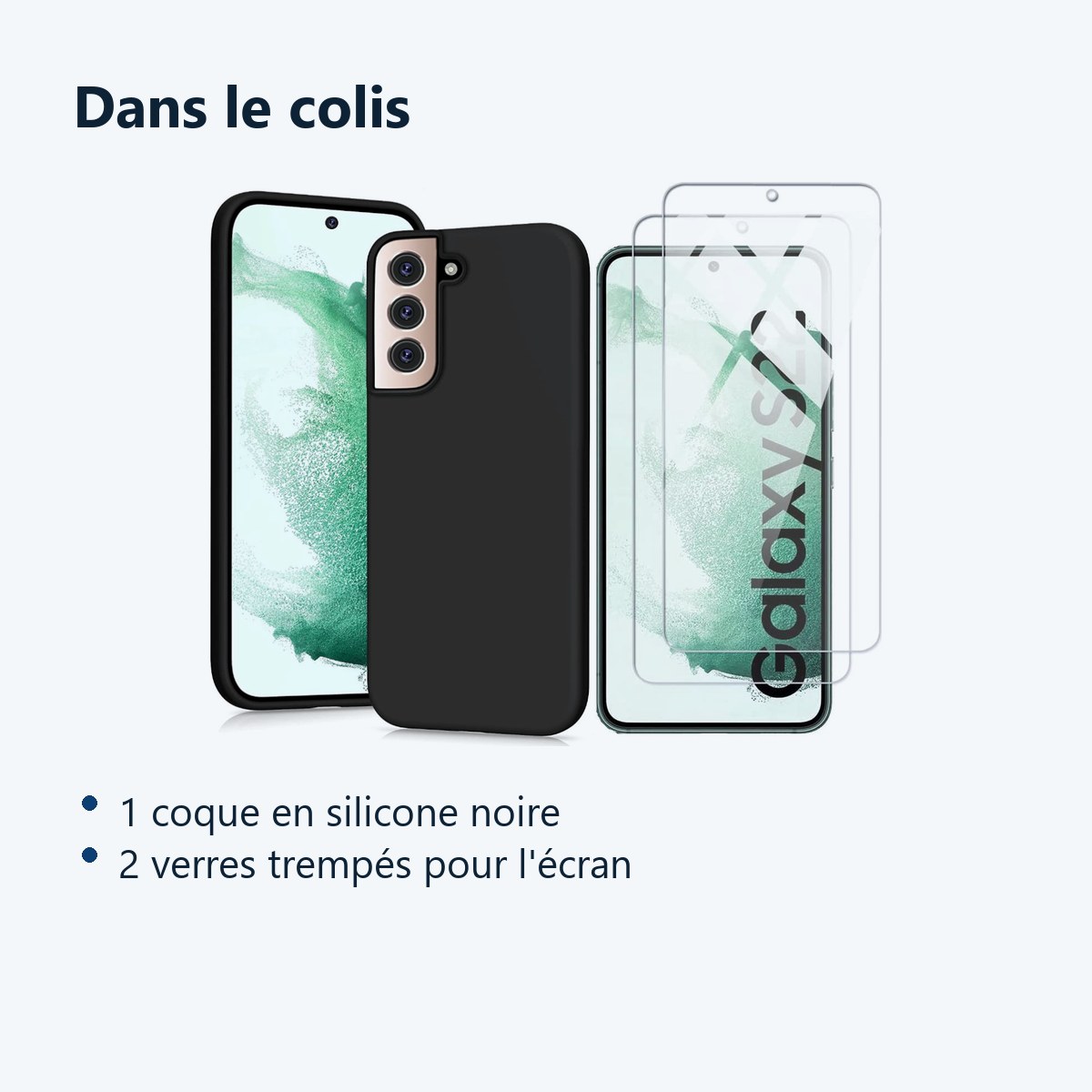 Contenu du colis – Coque Pour Samsung Galaxy S22 5G Silicone Noire + 2 Verres Trempes