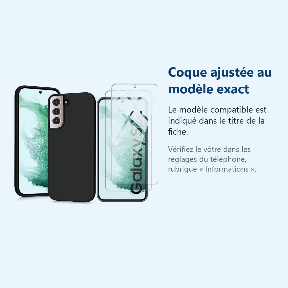 Accessoire ajusté au modèle exact – Coque Pour Samsung Galaxy S22 5G Silicone Noire + 2 Verres Trempes