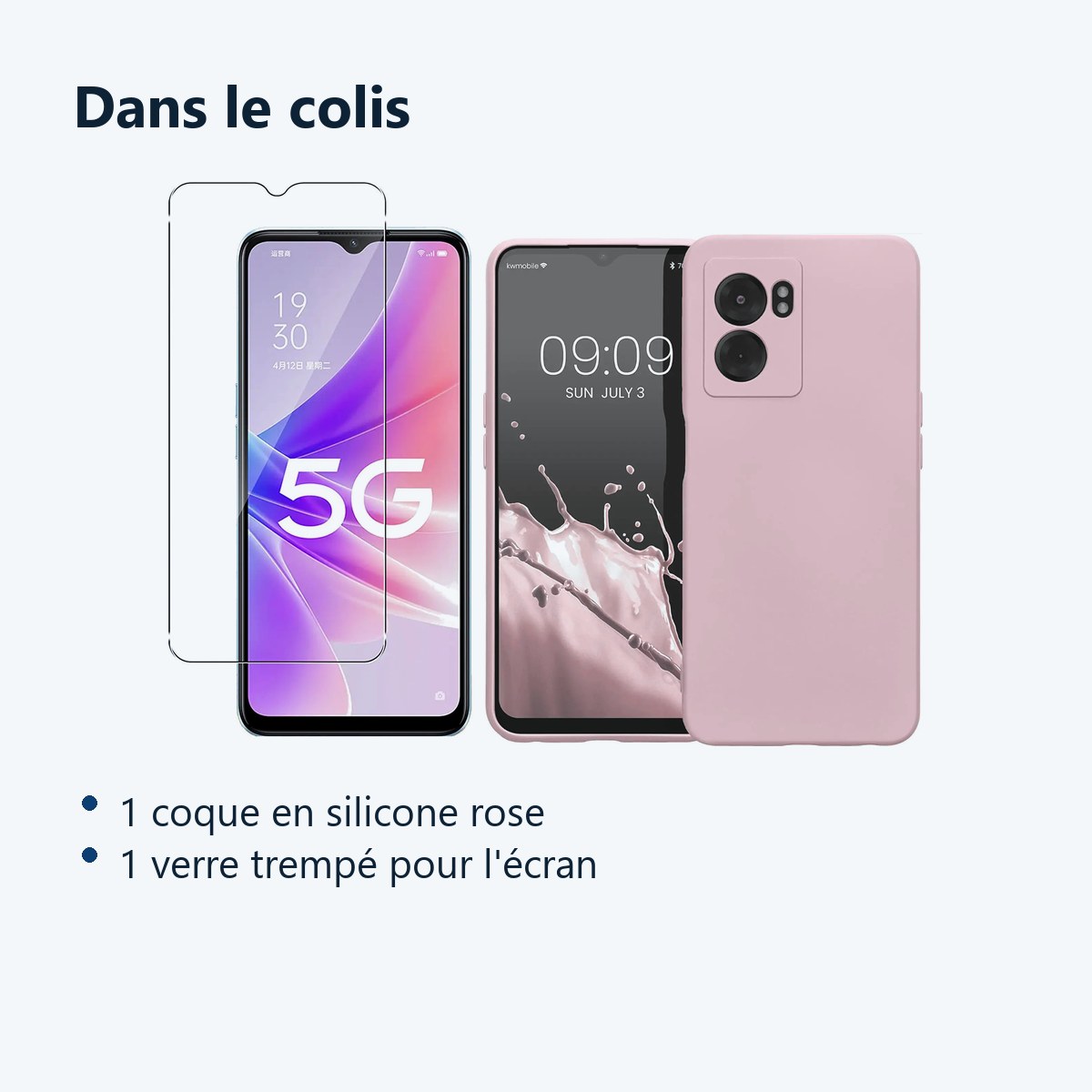 Contenu du colis – Coque Silicone Couleur Rose + Verre Trempe Pour Oppo A77 5G / A57 5G