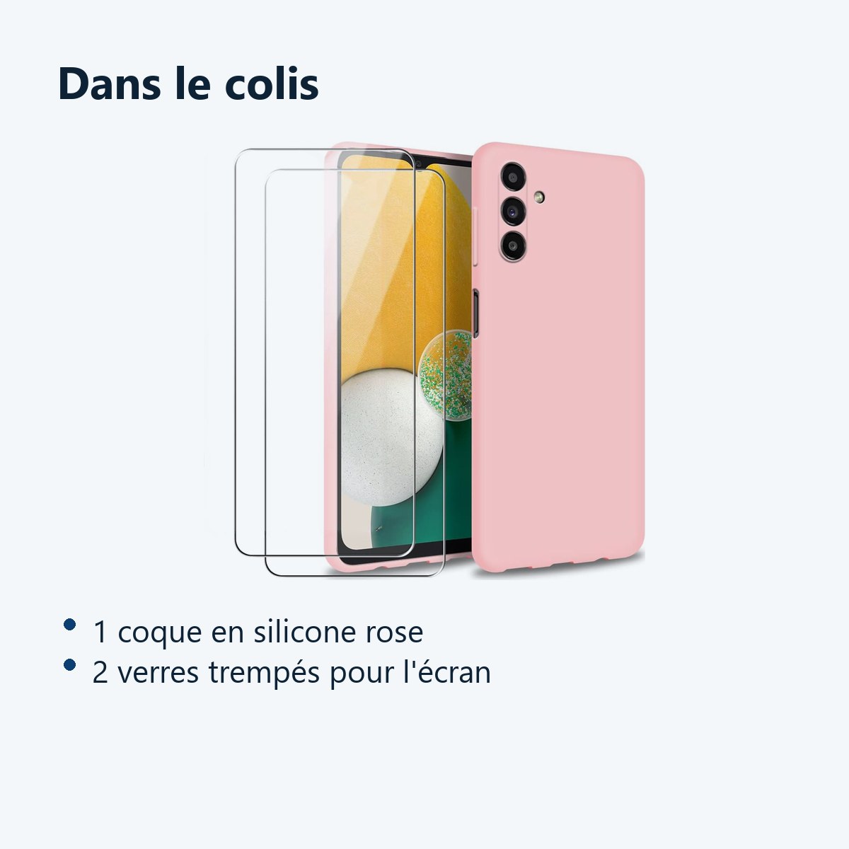 Contenu du colis – Coque Silicone Rose + 2 Verres Trempes Pour Samsung A04S / A13 5G