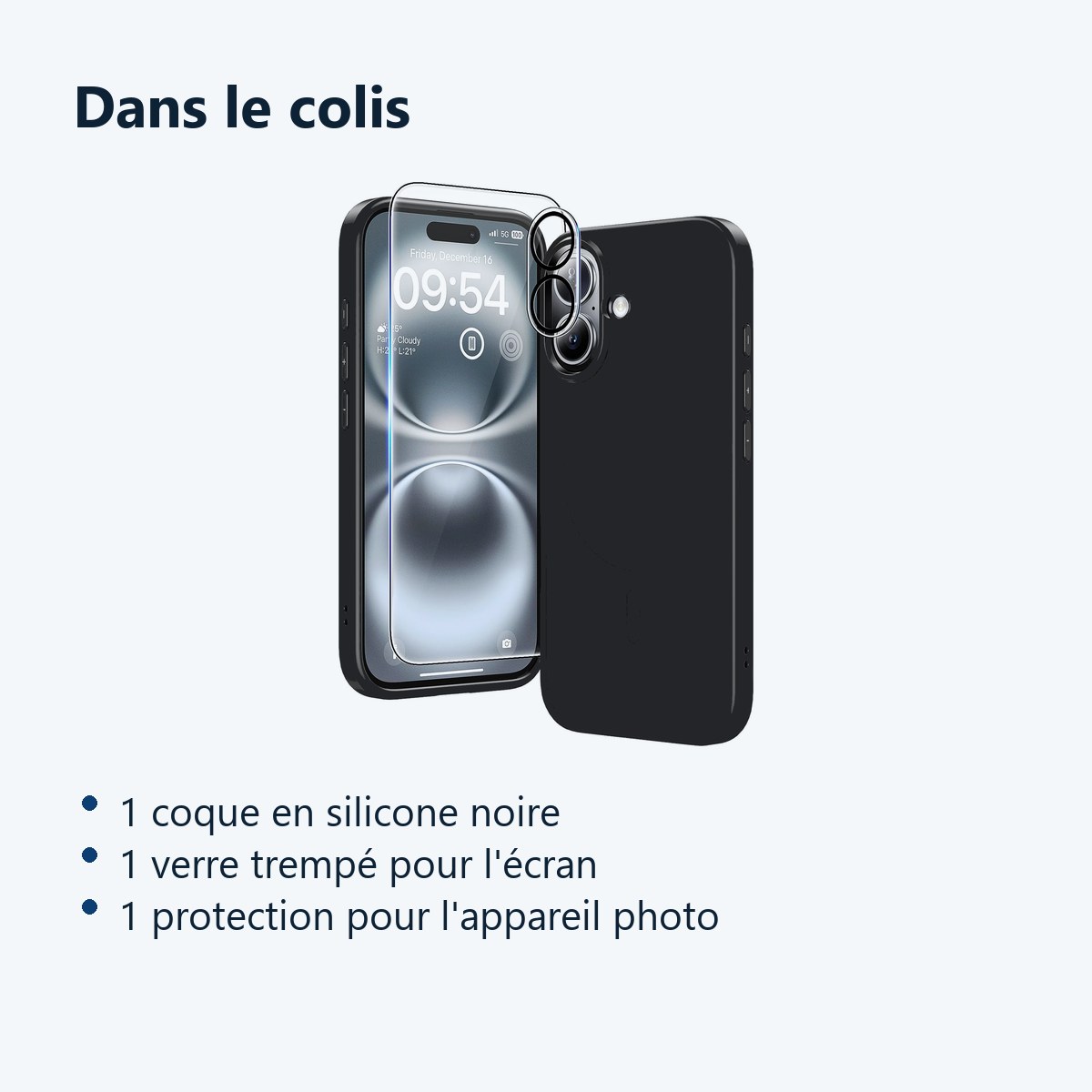 Contenu du colis – Coque Silicone Noir + Verre Trempe et Protection Camera Arriere Pour iPhone 16 Plus