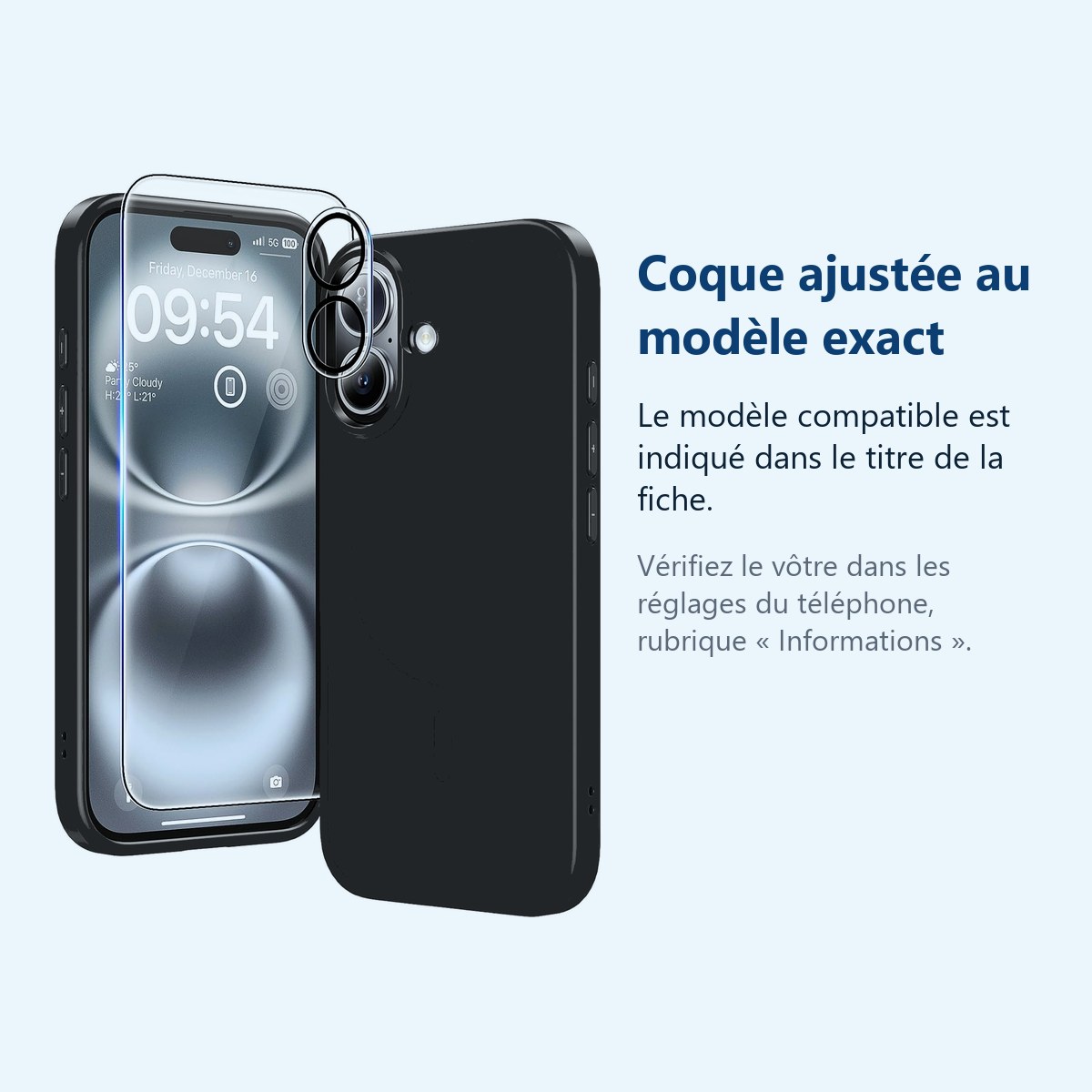 Accessoire ajusté au modèle exact – Coque Silicone Noir + Verre Trempe et Protection Camera Arriere Pour iPhone 16 Plus