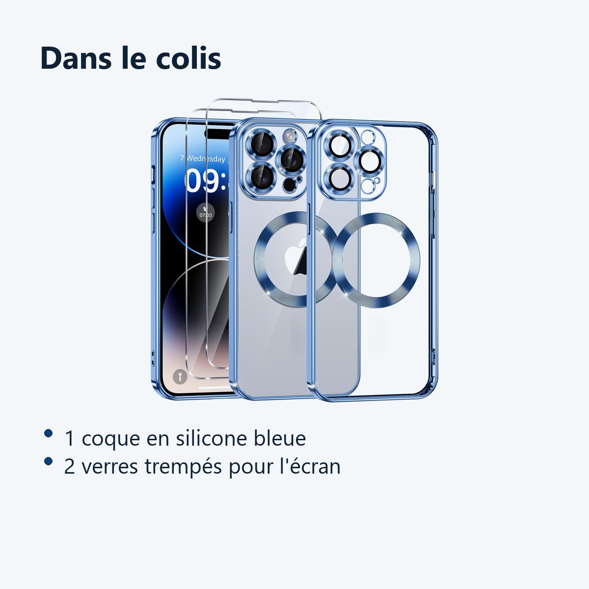 Contenu du colis – Coque Silicone Pour iPhone 14 Pro Couleur Bleu Compatible Magsafe + 2 Verres Trempe Protection Ecran
