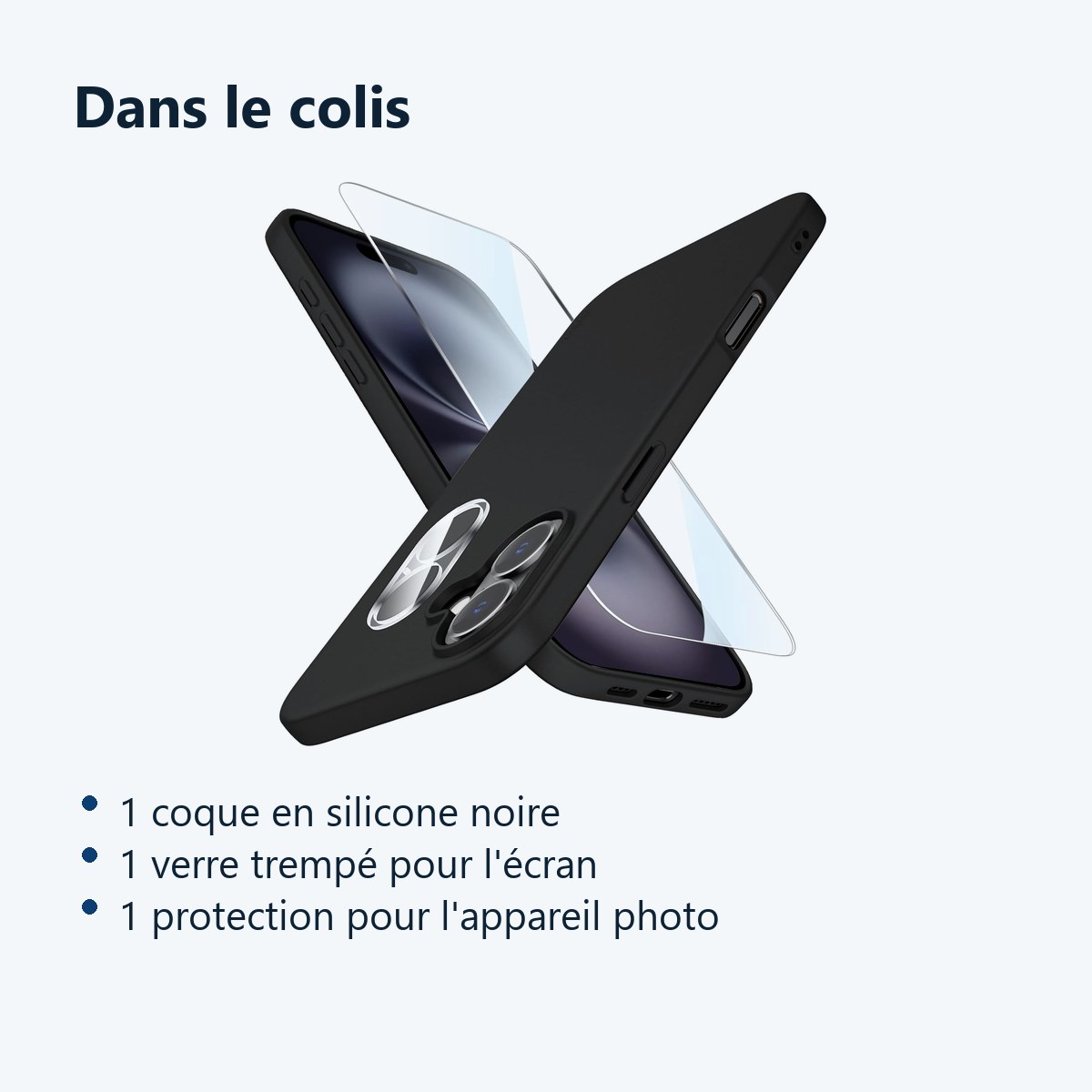 Contenu du colis – Coque Silicone Noir + Verre Trempe et Protection Camera Arriere Pour iPhone 16