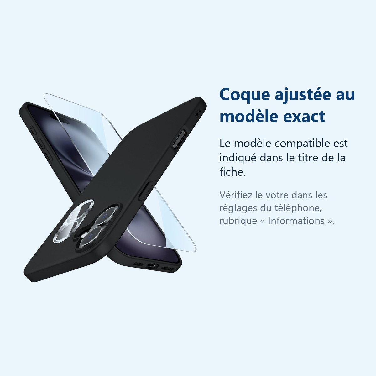 Accessoire ajusté au modèle exact – Coque Silicone Noir + Verre Trempe et Protection Camera Arriere Pour iPhone 16