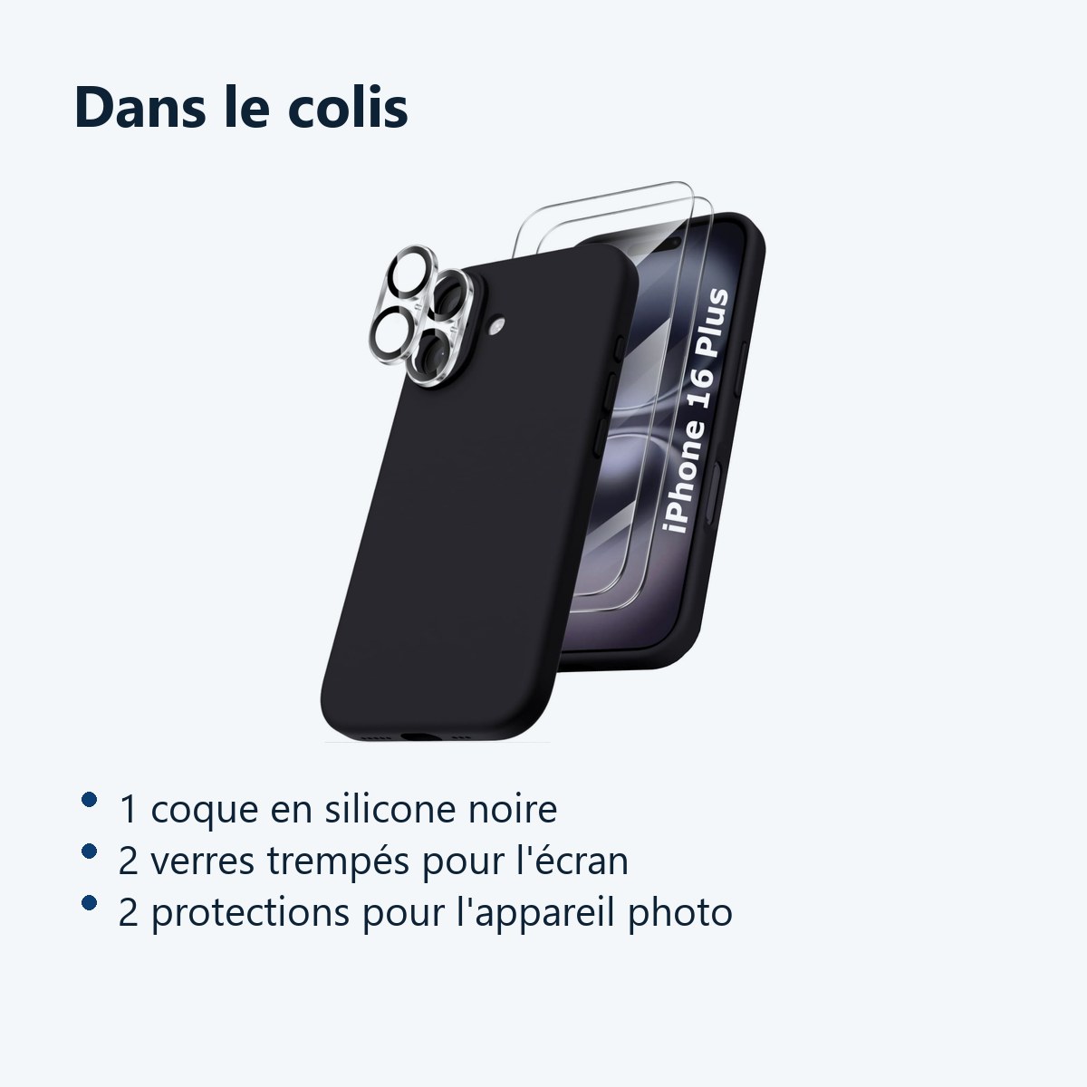 Contenu du colis – Coque Silicone Noir + Verres Trempes et Protections Camera Arriere X2 Pour iPhone 16 Plus