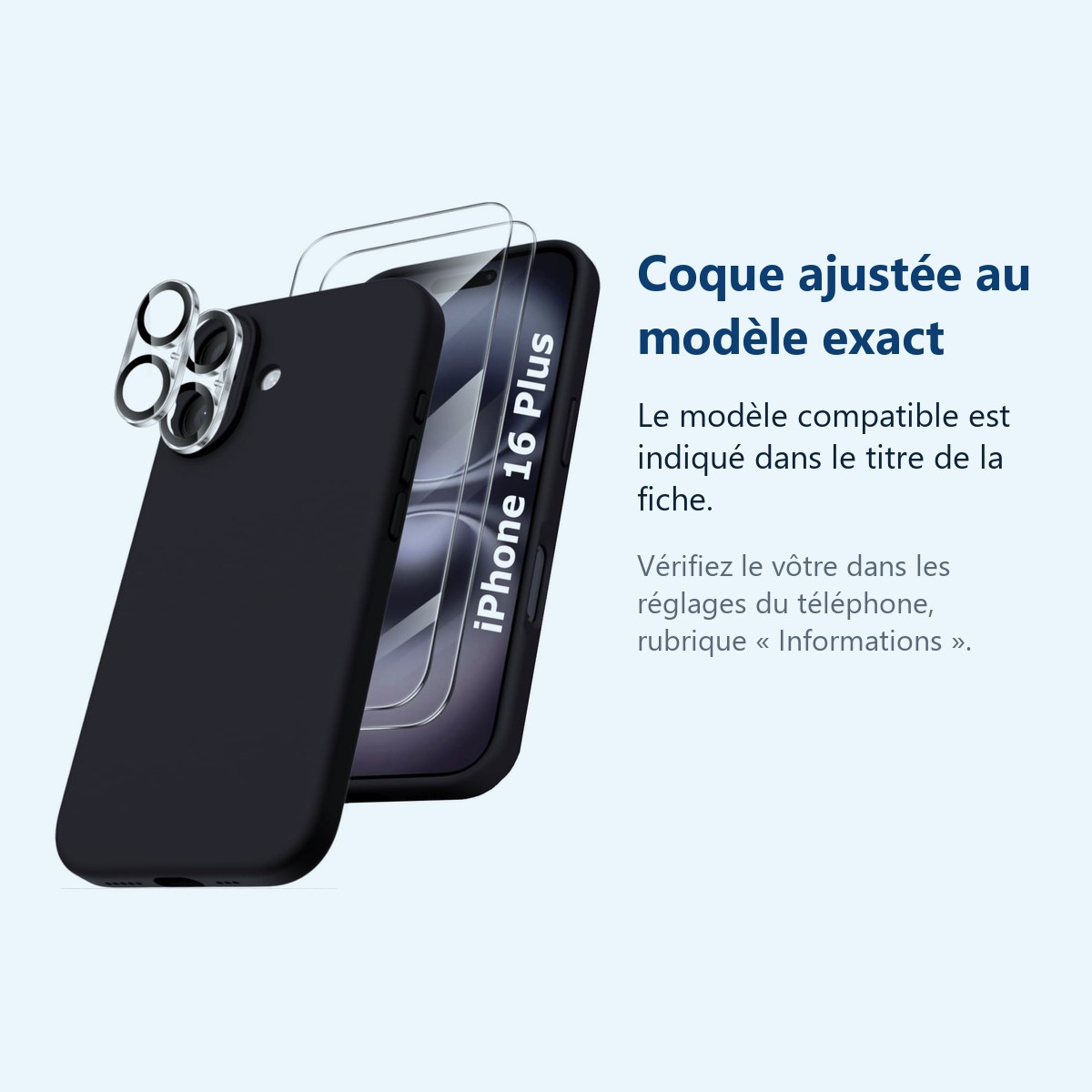 Accessoire ajusté au modèle exact – Coque Silicone Noir + Verres Trempes et Protections Camera Arriere X2 Pour iPhone 16 Plus