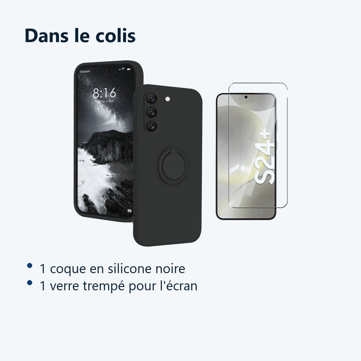 Contenu du colis – Coque Silicone Pour Samsung Galaxy S24 Plus Couleur Noir Avec Anneau Support + Verre Trempe Protection Ecr