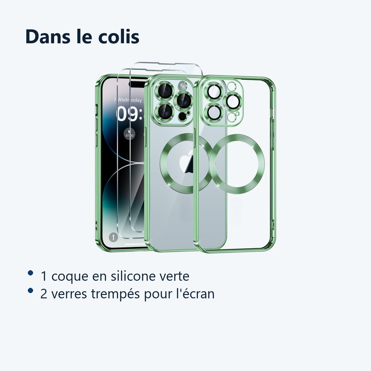 Contenu du colis – Coque Silicone Pour iPhone 14 Pro Max Couleur Vert Compatible Magsafe + 2 Verres Trempe Protection Ecran