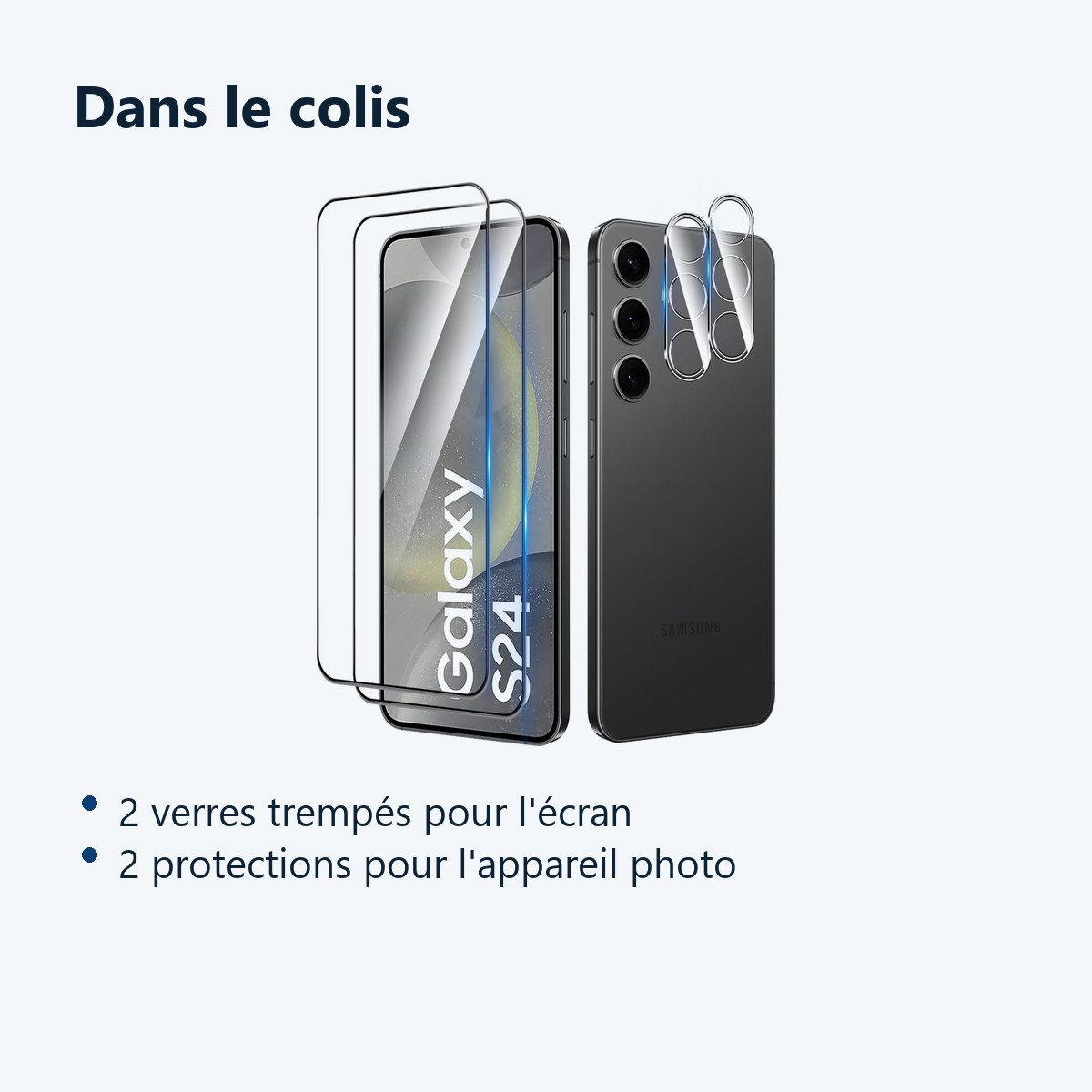 Contenu du colis – Verres Trempes et Protections Camera Arriere Transparent X2 Pour Samsung Galaxy S24