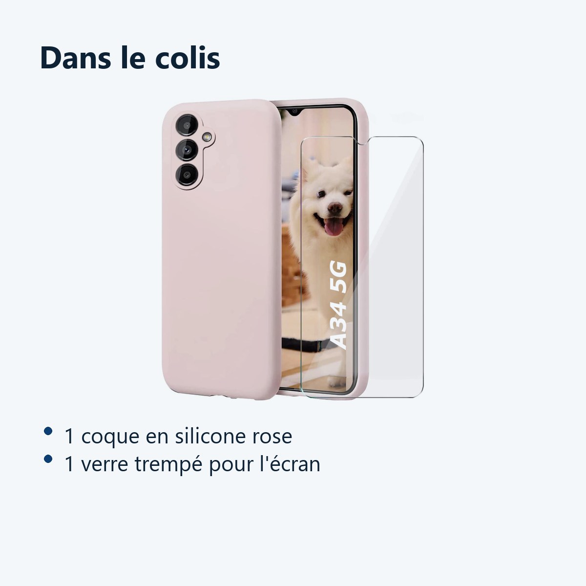 Contenu du colis – Coque Silicone Rose + Verre Trempe Pour Samsung Galaxy A34 5G