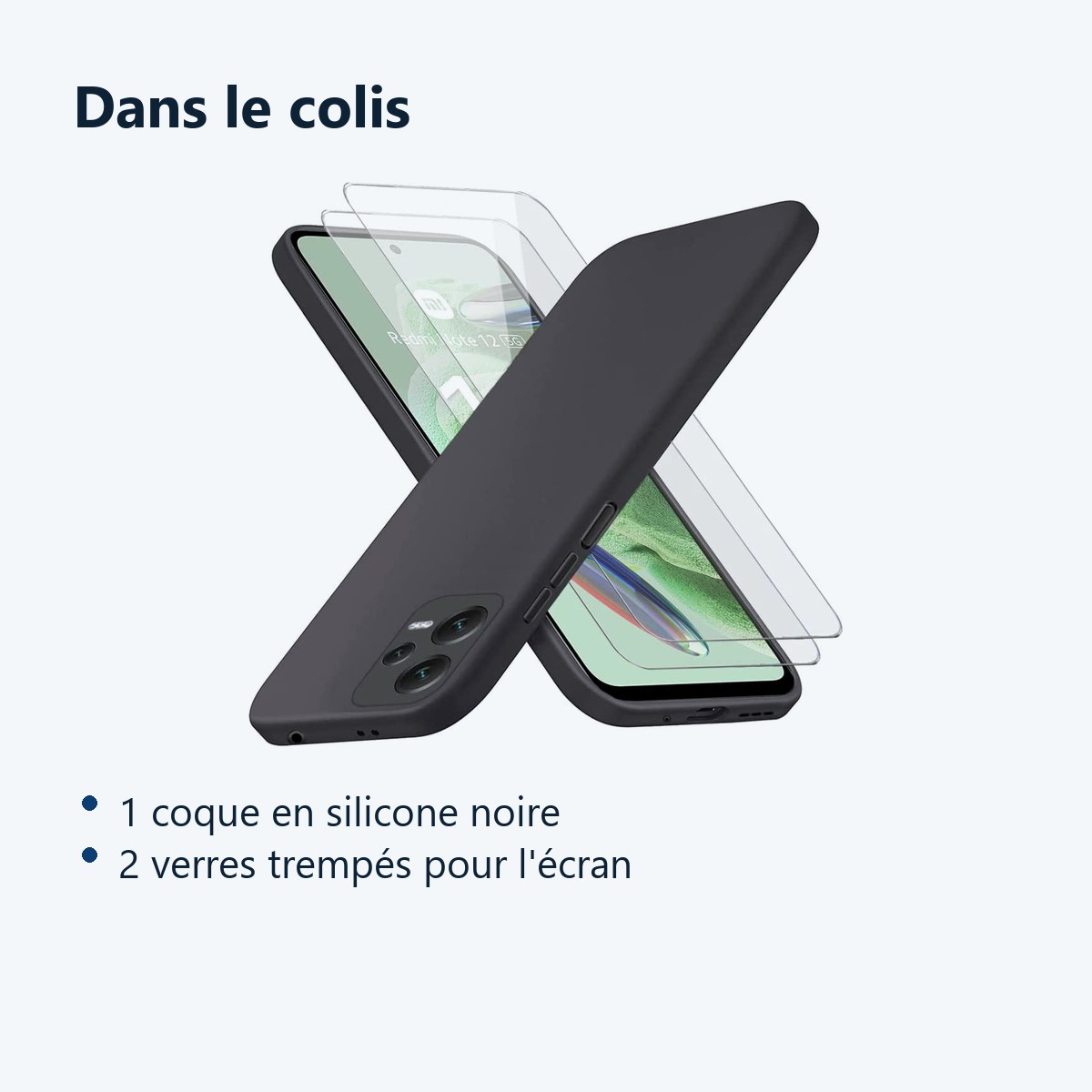Contenu du colis – Coque Silicone Noir + 2 Verres Trempes Pour Xiaomi Redmi Note 12 5G