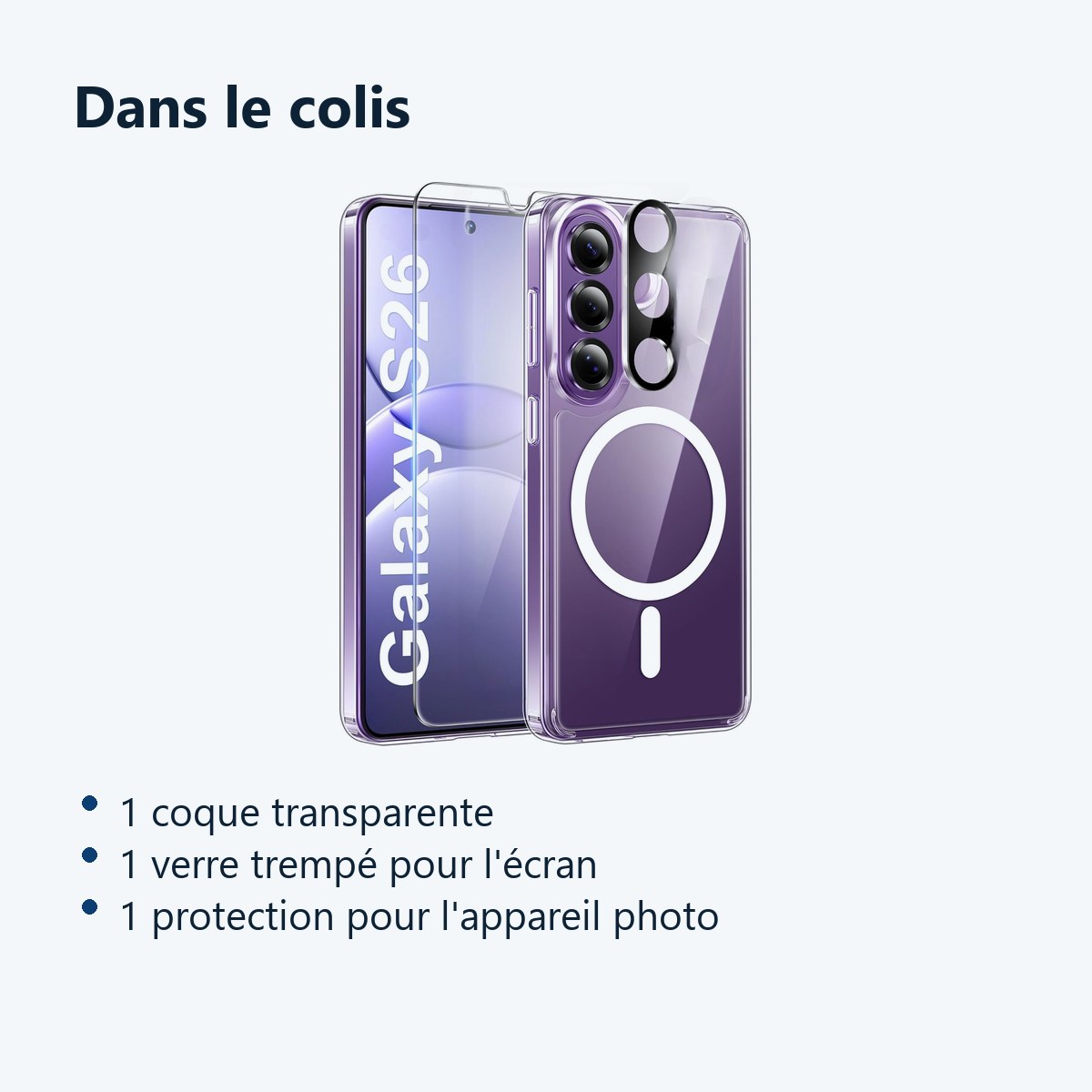 Contenu du colis – Coque MagSafe Transparente pour Samsung Galaxy S26 + Verre Trempé + Protection Caméra –