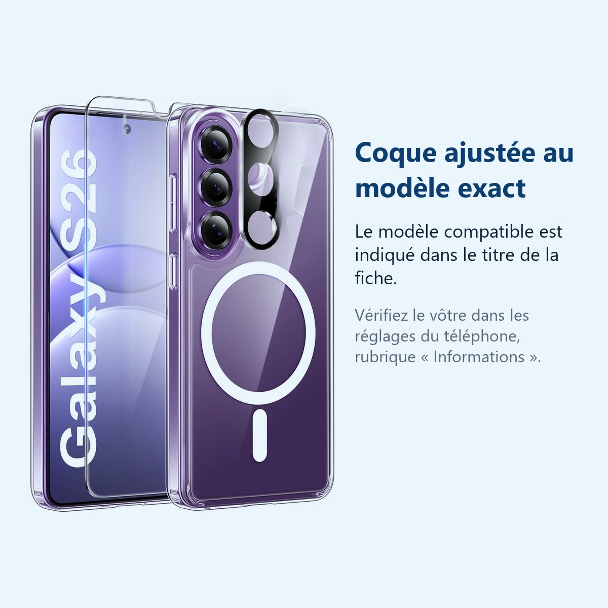 Accessoire ajusté au modèle exact – Coque MagSafe Transparente pour Samsung Galaxy S26 + Verre Trempé + Protection Caméra –