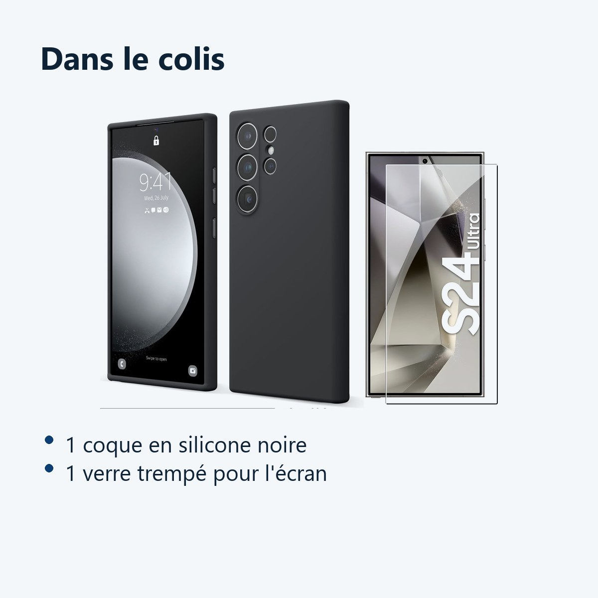 Contenu du colis – Coque Pour Samsung Galaxy S24 Ultra Silicone Noir + Verre Trempe