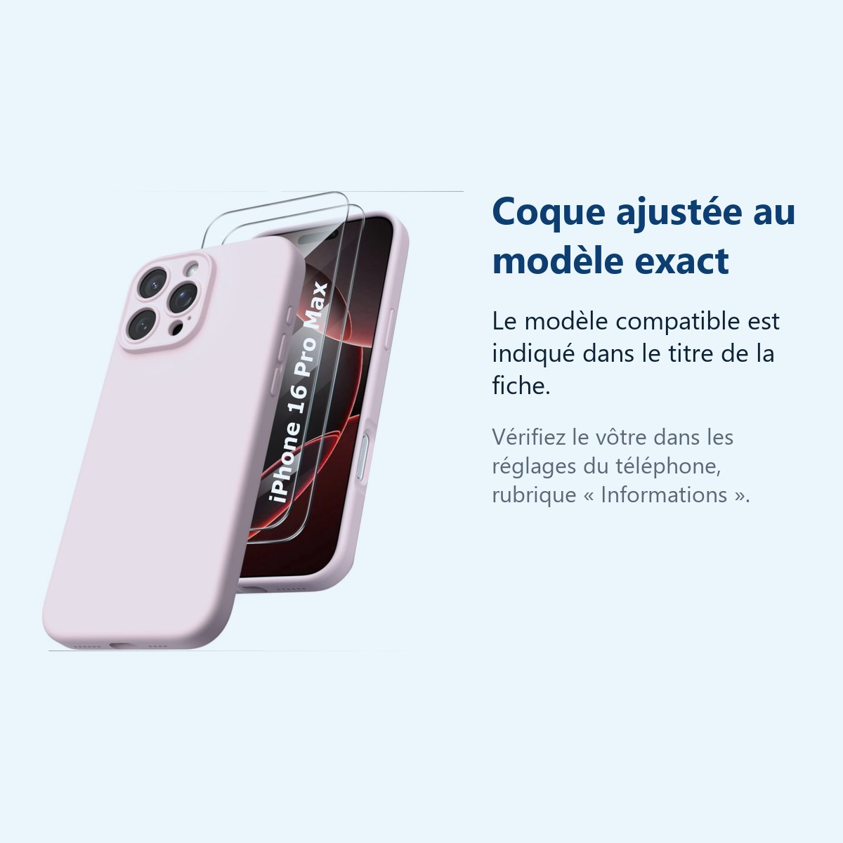Accessoire ajusté au modèle exact – Coque Silicone Rose + 2 Verres Trempes Pour iPhone 16 Pro Max