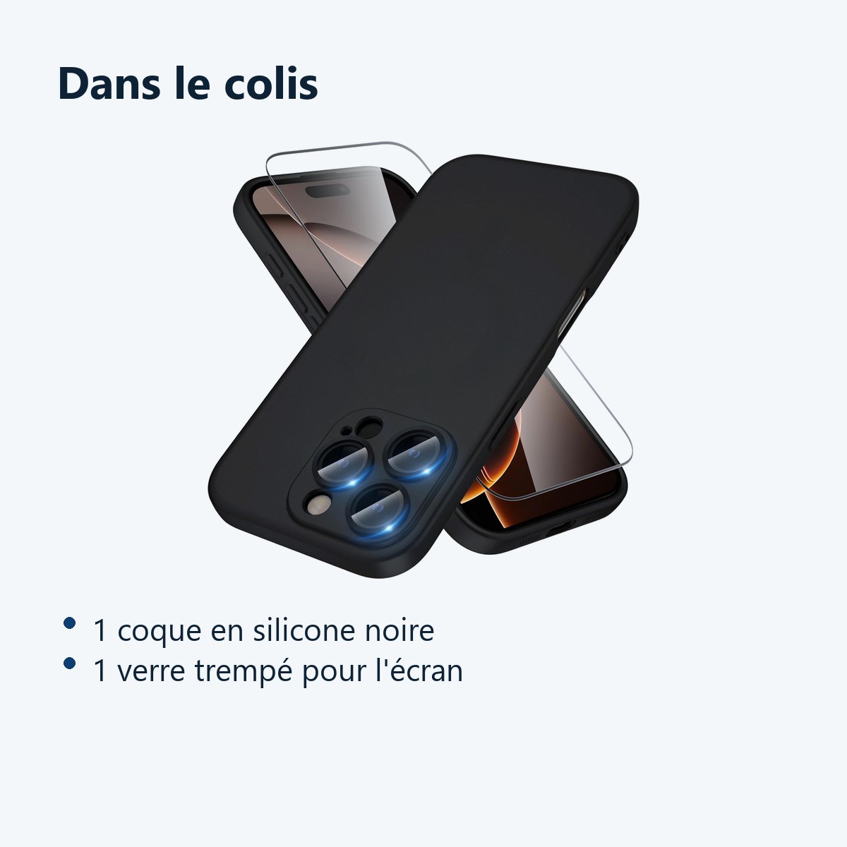 Contenu du colis – Coque Silicone Noir + Verre Trempe Pour iPhone 16 Pro