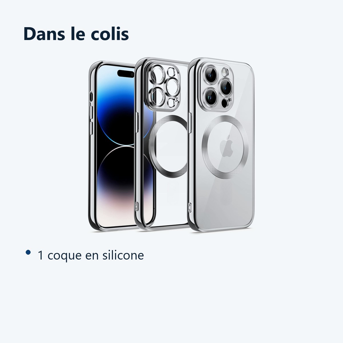 Contenu du colis – Coque Silicone Pour iPhone 14 Pro Max Couleur Argent Compatible Magsafe