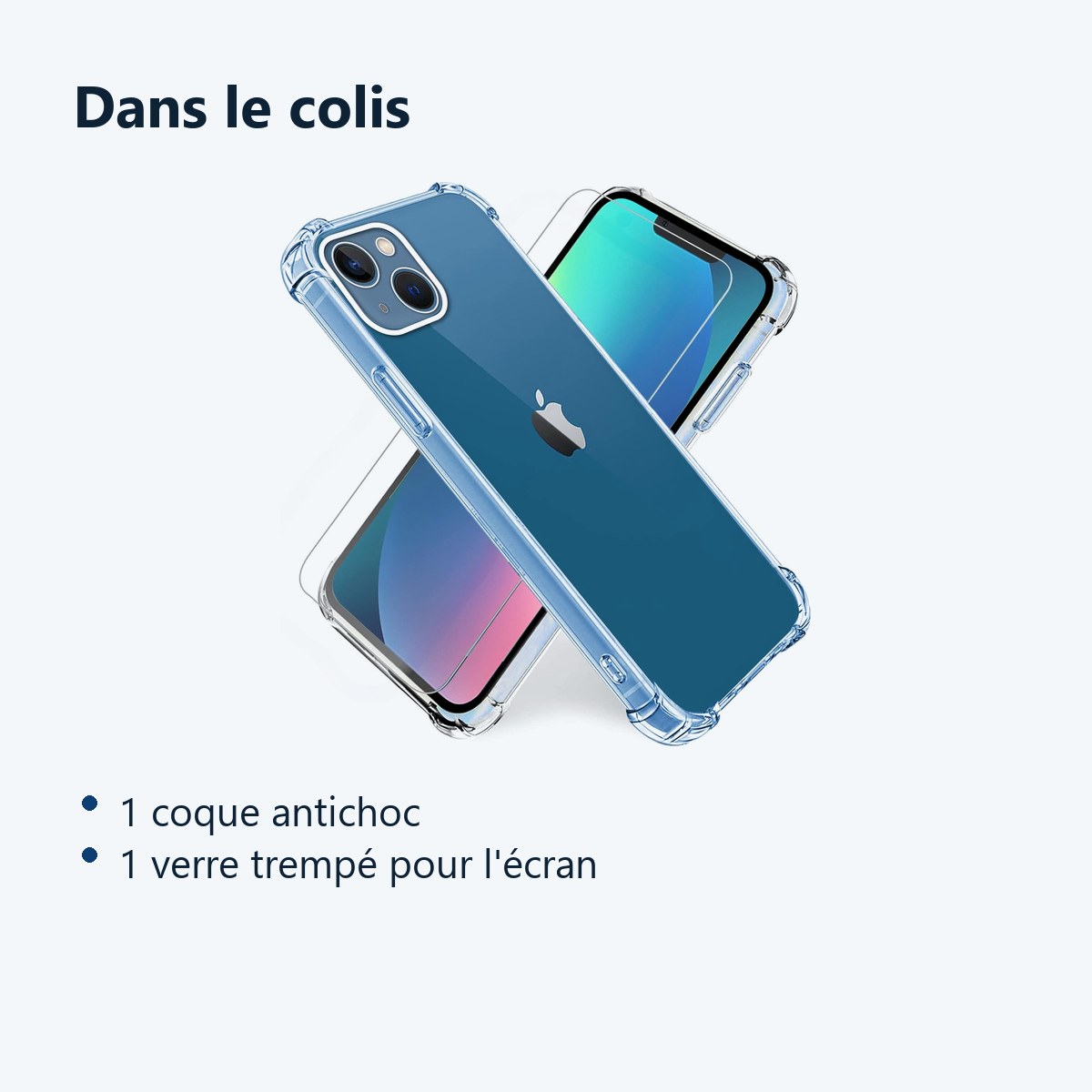 Contenu du colis – Coque antichoc pour iPhone 13 Mini (5,4 pouces) et Verre Trempé Film Protection Ecran