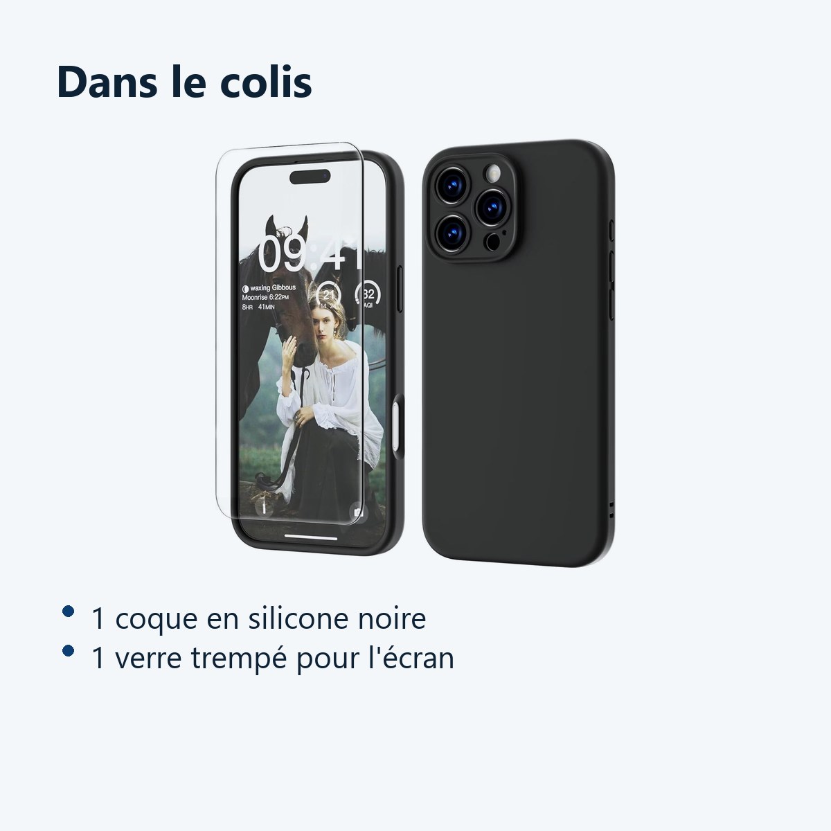 Contenu du colis – Coque Silicone Noir + Verre Trempe Pour iPhone 16 Pro Max